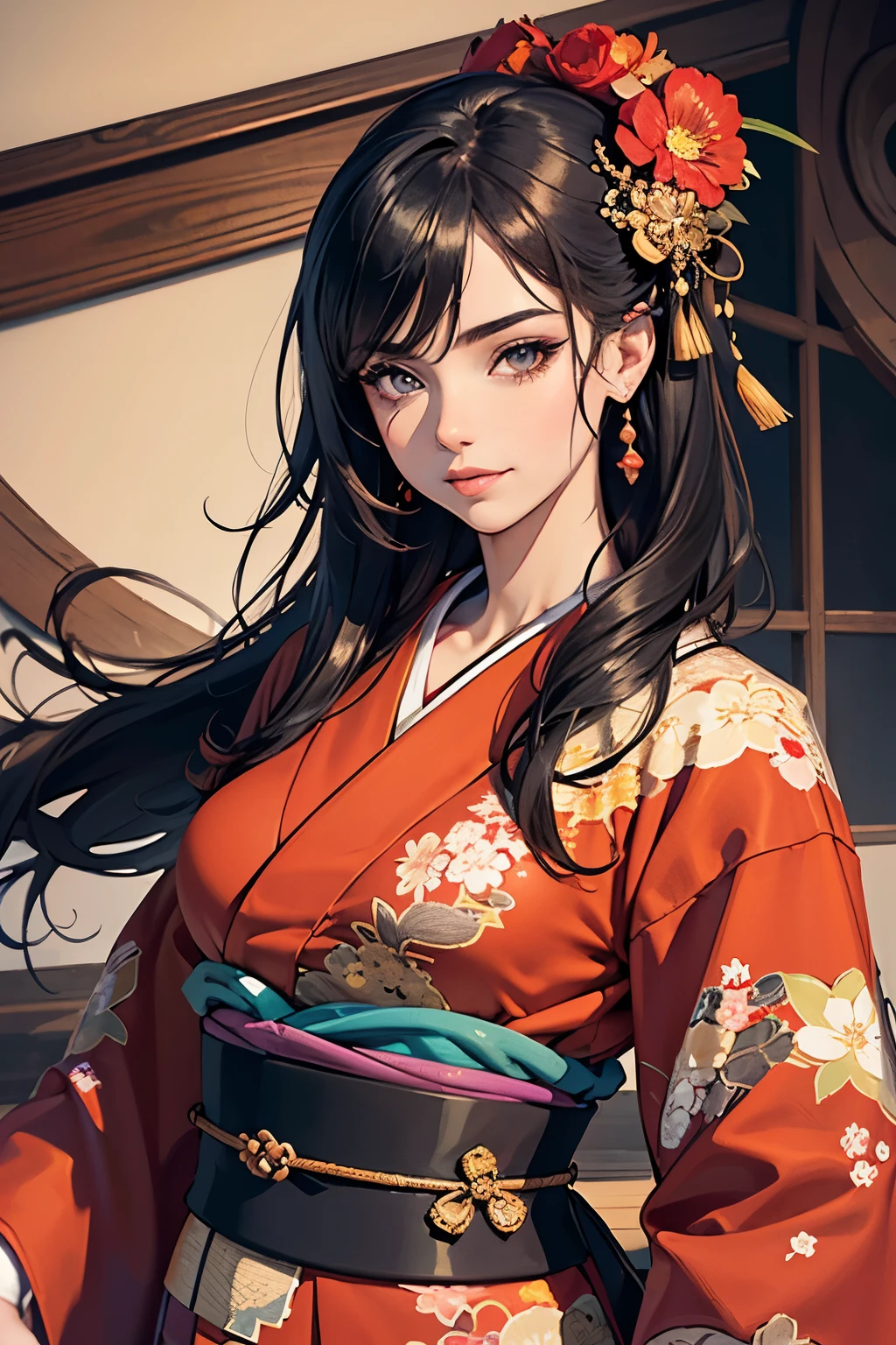 Anime girl in kimono outfit with red flower in hair - SeaArt AI