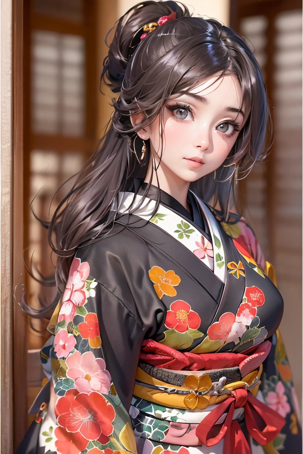 (obra maestra), Mejor calidad, ojos expresivos, cara perfecta Hermosa caricatura de mujer japonesa, dibujos animados lindo anime, beautiful japanese kimono, There is a dragon embroidered on the kimono.. color kimono negro y rojo, mujer japonesa pelo largo, color de pelo negro, cola de caballo estilo de pelo, single eyelids, Estilo de ojos encapuchados, sensuales, hundidos, captivating and enigmatic., facial expression smile., beautiful picture situation.