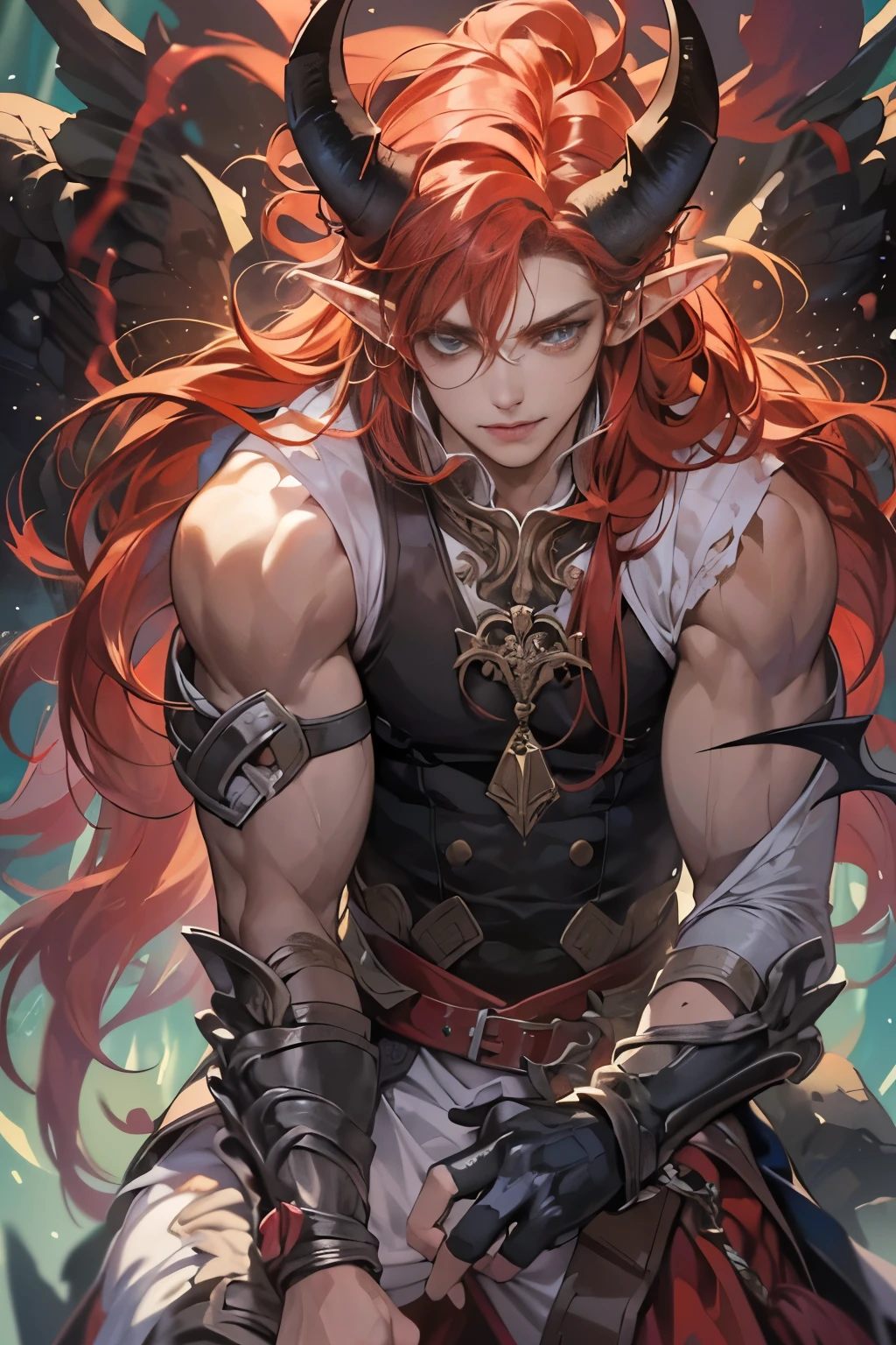 (table top, digital art, digital illustration, 4K, 8K, super detailed, beautiful images, clear image, realistic, RAW photo, perfect face, perfect lines, perfect eyes, soft lighting) 1 male human, (Red hair、long hair、amber eyes,messy hair、Bullish look,Smile confidently、Demons、Two black horns grow from its head.、Pointed elf-like ears、32 years old:1.3),ハンサムなmale性, (White t-shirt with dowel dowel、vest、muscular、Thin macho,Firm shoulder width, male:1.2),Sit on a throne with your legs crossed、The king、Demon King
