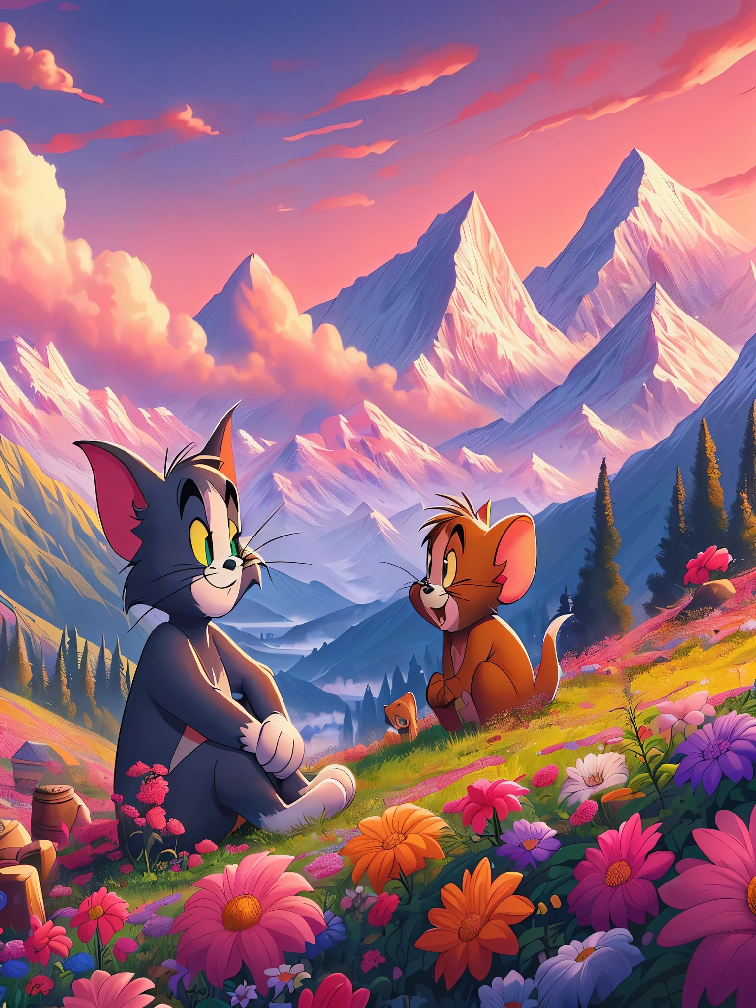 Draw an anime simple art scene of yellow volkswagon van on uphill path full of colorful flowers, dark, bonfire, magnificent himalayan range visible on the side, pinkish orangish cloudy sky, no human, vibrant color tones,