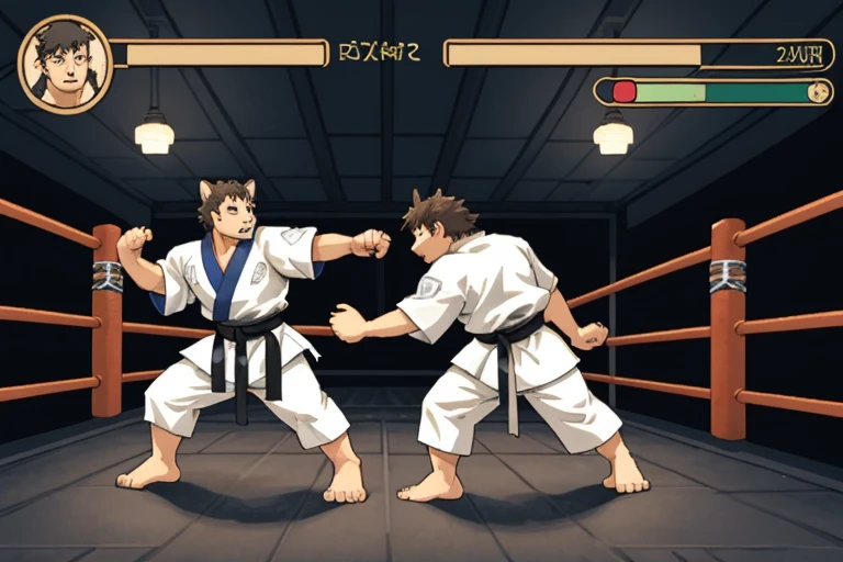highres, absurdres(highly detailed beautiful face and eyes)perfect anatomy(kemono, furry anthro)(super handsome 2boys in karate gi, barefoot, pair)good lighting, cinematic shadow, detailed background, User Interface of Fighting game, dots game, pixel art, dungeon, Crisis, assorted poses, assorted expression, full body, sound effects, motion blur, from side,