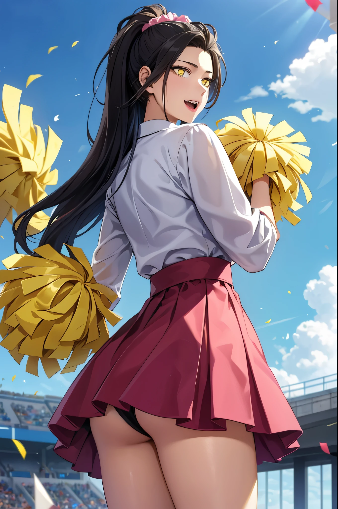 (masterpiece), (best quality), (ultra-detailed), photorealistic, (best illustration), ((an extremely delicate and beautiful)), 1girl, cheerleader, cowboy shot, pom pom \(cheerleading\), ponytail, hair scrunchie, :d, pink clothing, black hair,masterpiece,best quality,highres,ultra-detailed,aashizue,yellow eyes, outdoors, blue sky, confetti, pleated skirt,
