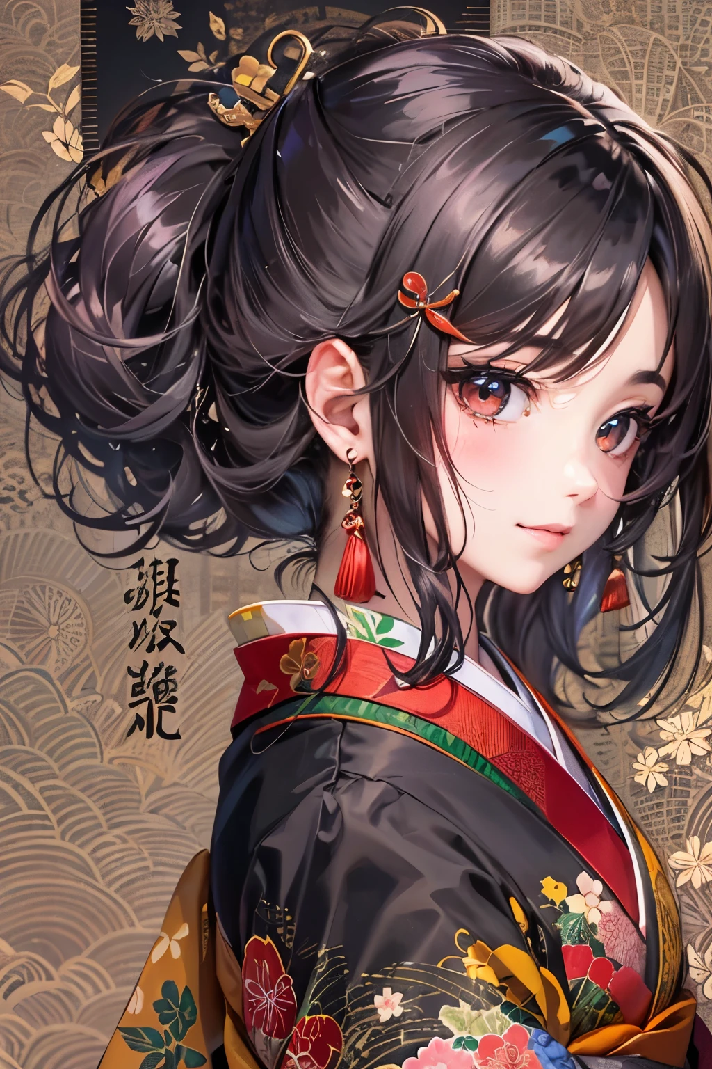 (obra maestra), Mejor calidad, ojos expresivos, cara perfecta Hermosa caricatura de mujer japonesa, dibujos animados lindo anime, beautiful japanese kimono, There is a dragon embroidered on the kimono.. color kimono negro y rojo, mujer japonesa pelo largo, color de pelo negro, cola de caballo estilo de pelo, single eyelids, Estilo de ojos encapuchados, sensuales, hundidos, captivating and enigmatic., facial expression smile., beautiful picture situation.