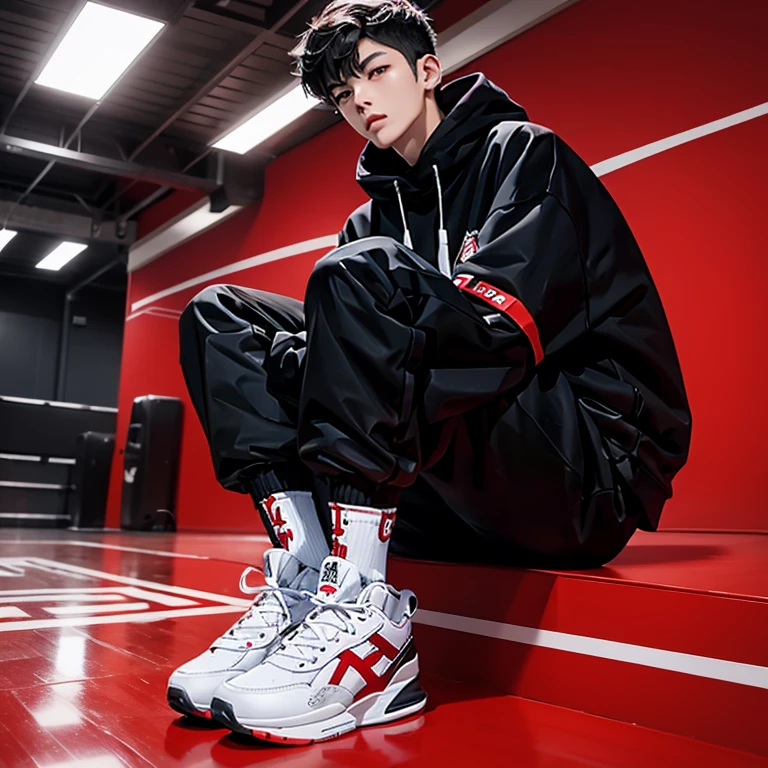 1 Korean young men，male，20 years old，High，Height 180 cm，Hair  medium length，Black sweatshirt，black long pants，Red and white high top basketball shoes，White sport socks，Sit on the basketball court，Feet reach for the lenadass anime 4k ，POV perspective，Proud，Cold，looking into camera，