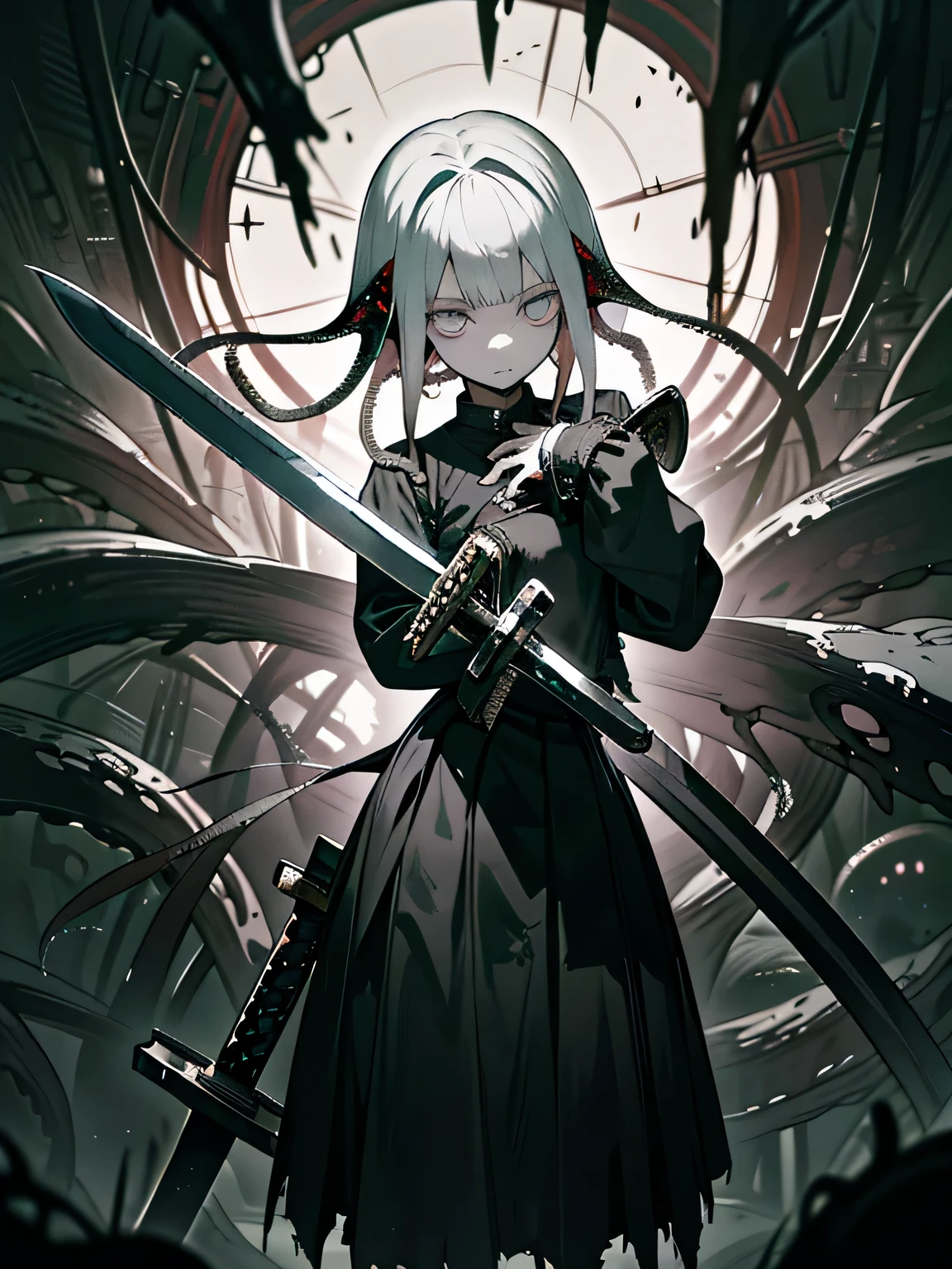 (dark biopunk art), ((hopeless tentacle horror fantasy)), dark anime girl, ((holding a broken massive broad sword with both hands)), short white hair, dark eyes, black wounds, broken steel skirt, (cracked long iron skirt), broken breastplate, black oil fluids, devastated fantasy environment, very detailed art, very detailed background