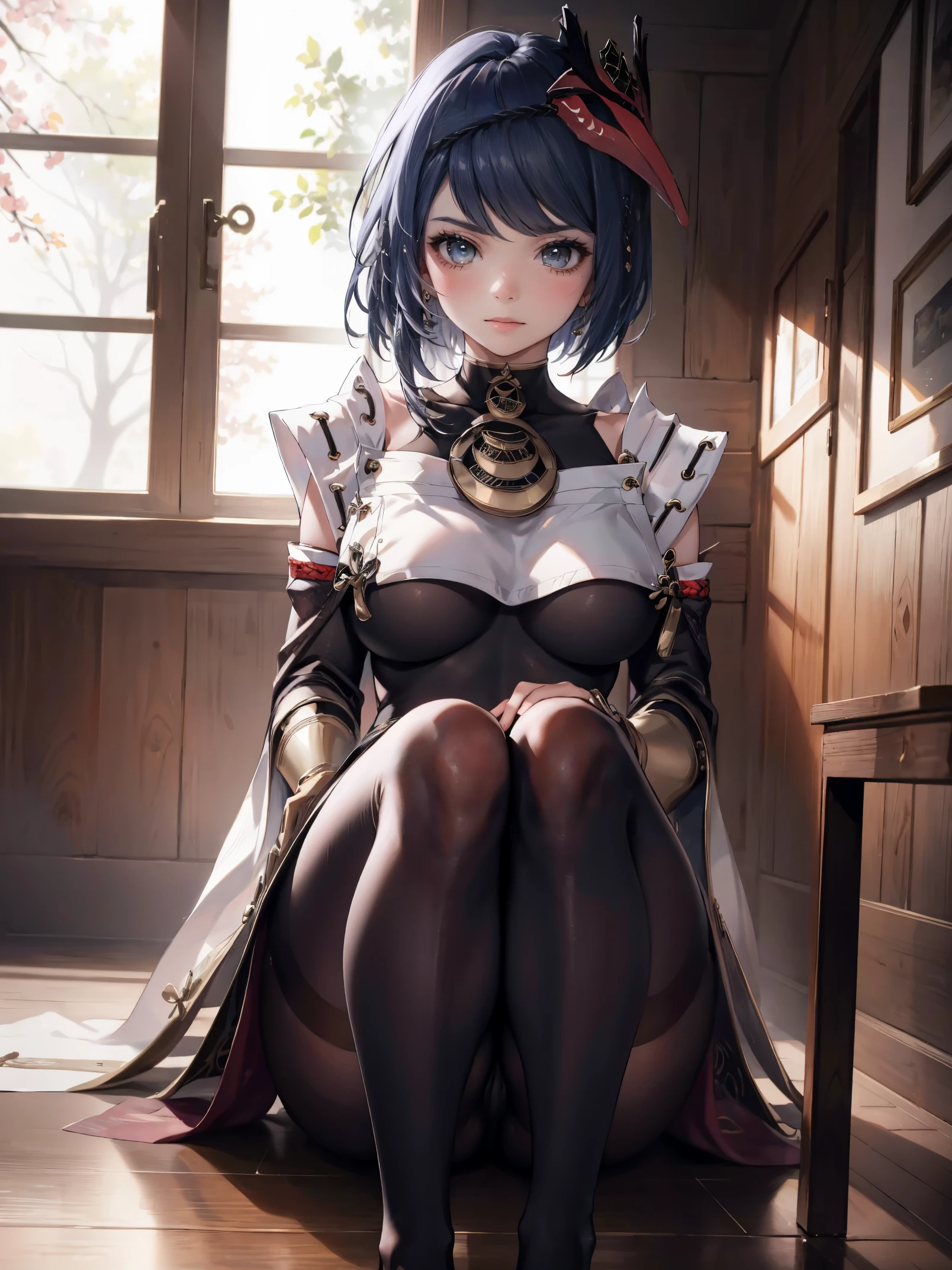 Kujou Sara|Genshin Impact,Ulzzang-6500-V1.1, (raw photos:1.2), (realistic:1.4), gigantic breasts, Beautiful girl captures details, very detailed Eyes and Face, Beautifully detailed eyes, Ridiculous, Incredibly Ridiculous, Big file size, มีvery detailed, high definition, very detailed, Highest quality, Masterpiece, kemomimi, illustration, very detailed, CG, combination, 8K wallpaper, amazing, Nice details, Masterpiece, best quality, highly detailed cg uniform 8K wallpaper, light on face, movie light, 25 year old girl, (no panties)), ((dynamic gesture))), (camel toe), (half), (tights), (sitting legs bending knees))