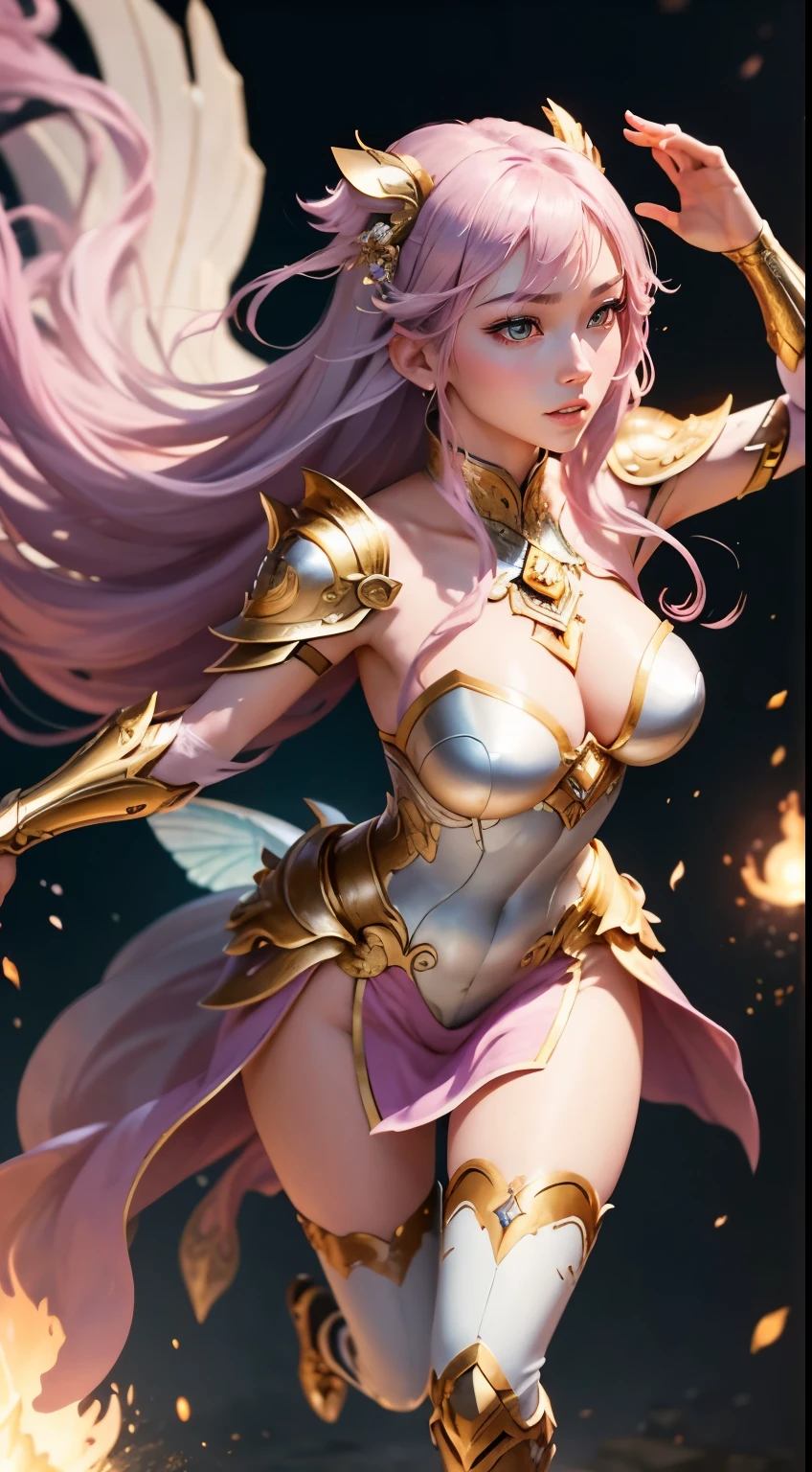 a close-up of a woman in a silver and gold pink dress, flying, full body, chengwei pan on art station, by Yang J, detailed fantasy art, stunning character art, fan art best art station, epic exquisite character art, beautiful armor, extremely detailed art germ, detailed digital anime art, art germ on art station pixie, armor girl, Masterpiece, best quality, super high resolution, fluorescent color, looking at the audience, beautiful face, beautiful eyecare shoulder, 1.2), head up, shiny hair, shiny skin, glowing cut, chibi, hands not shown: particles