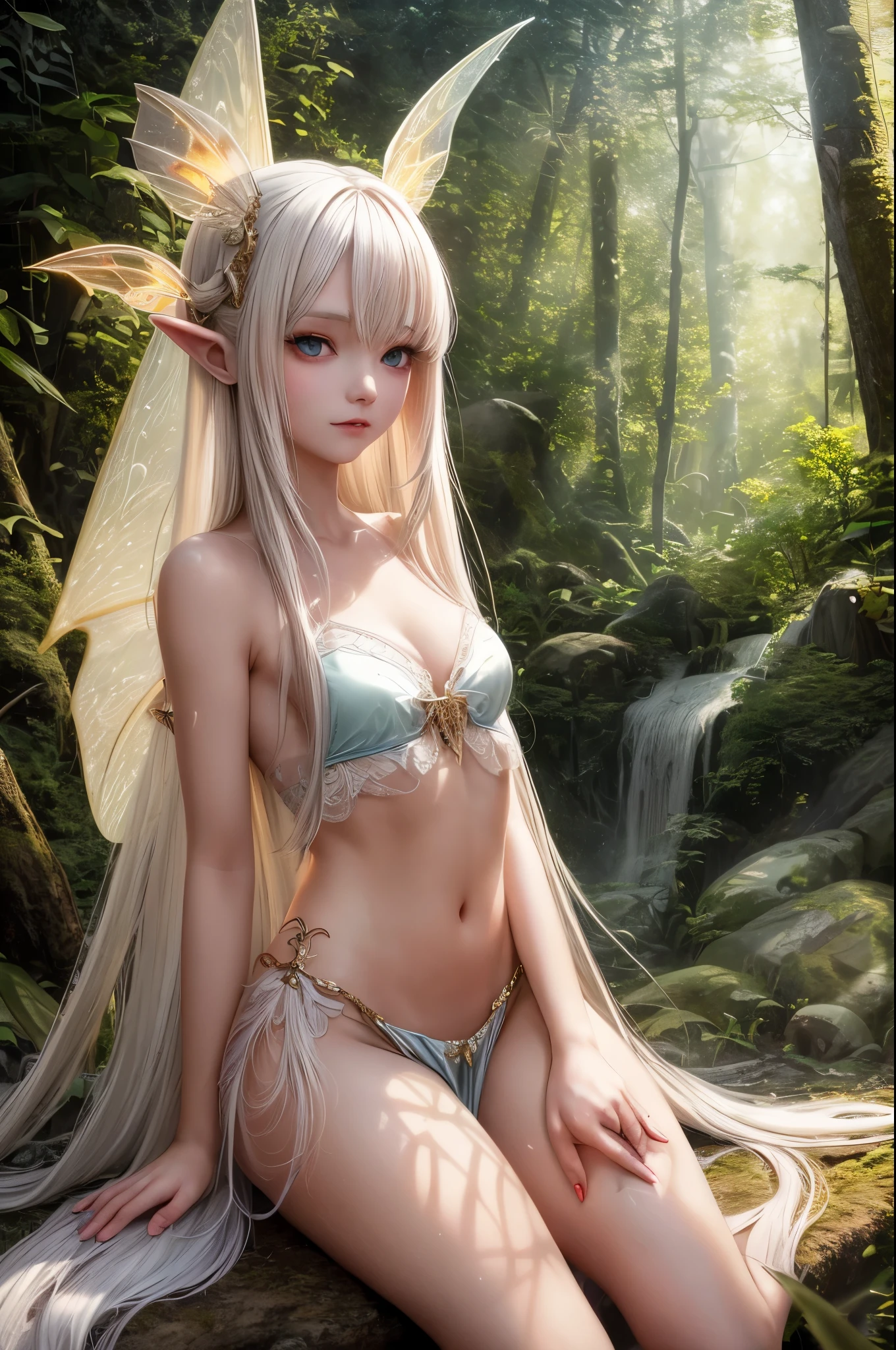 A captivating photograph of an Beautyful Albino Faery Girl with insect wings, loincloth, verry long hair, and a bare midriff, in the Alabaster Forest during the golden hour. Highlight the natural beauty of the scene, with a focus on the faery's enchanting features and the soft, warm lighting.