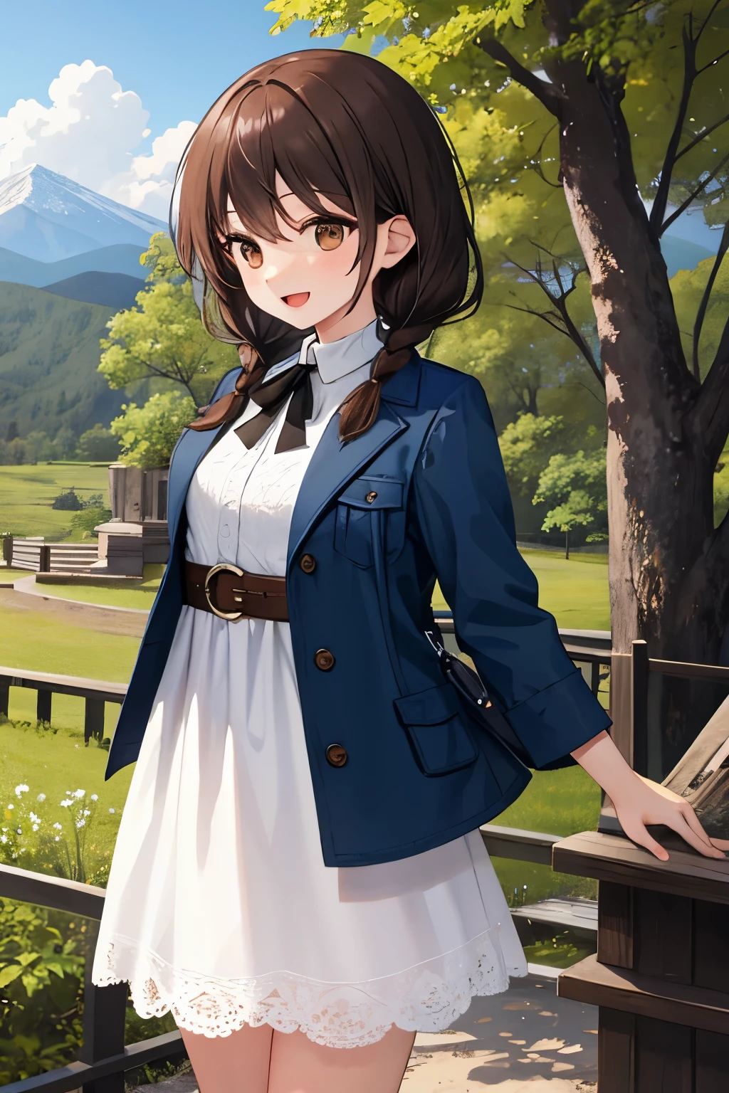 Mejor calidad, Amazing intricacy, Pretty girl, Dark brown eyes, feliz, :D, small breasts, 
Dark brown hair, twin braiDs, white Dress, 
desde el frente, tiro de vaquero, stanDing, 
en el bosque, mountain in the Distance, cielo