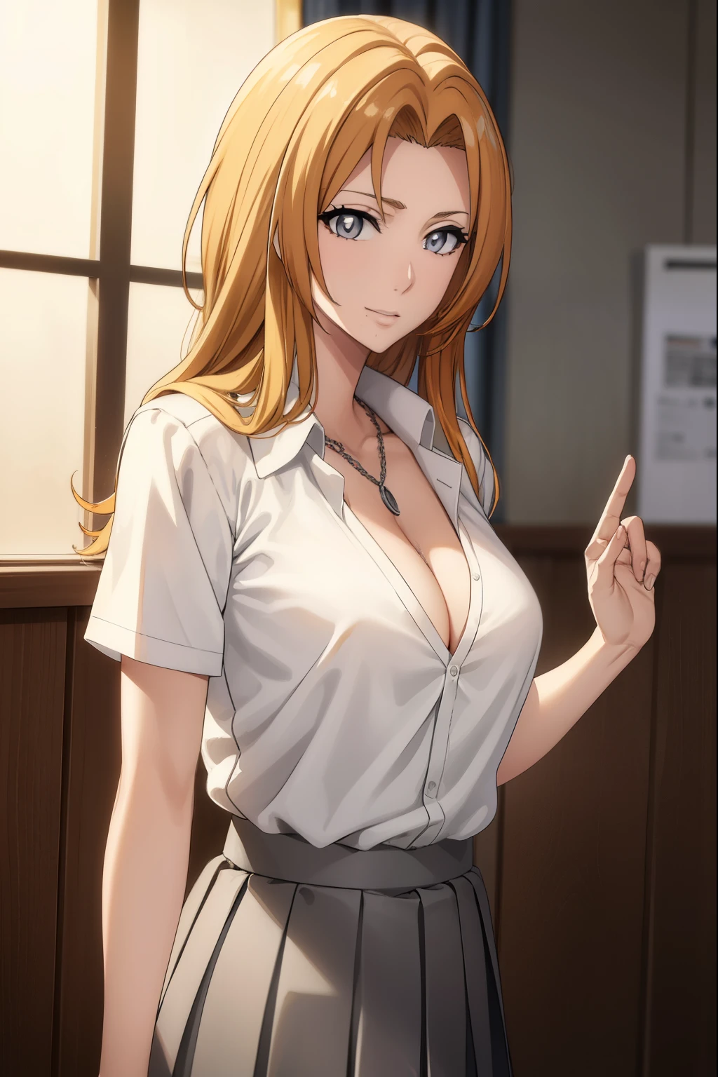 rangikumatsumoto, rangiku matsumoto, long hair, (grey eyes:1.5), orange hair, mole, mole under mouth, parted bangs, smile,
BREAK skirt, shirt, cleavage, jewelry, school uniform, pleated skirt, necklace, chain, collar, short sleeves, grey skirt, white shirt,
BREAK indoors, classroom,
BREAK looking at viewer, (cowboy shot:1.5),
BREAK (masterpiece:1.2), best quality, high resolution, unity 8k wallpaper, (illustration:0.8), (beautiful detailed eyes:1.6), extremely detailed face, perfect lighting, extremely detailed CG, (perfect hands, perfect anatomy),