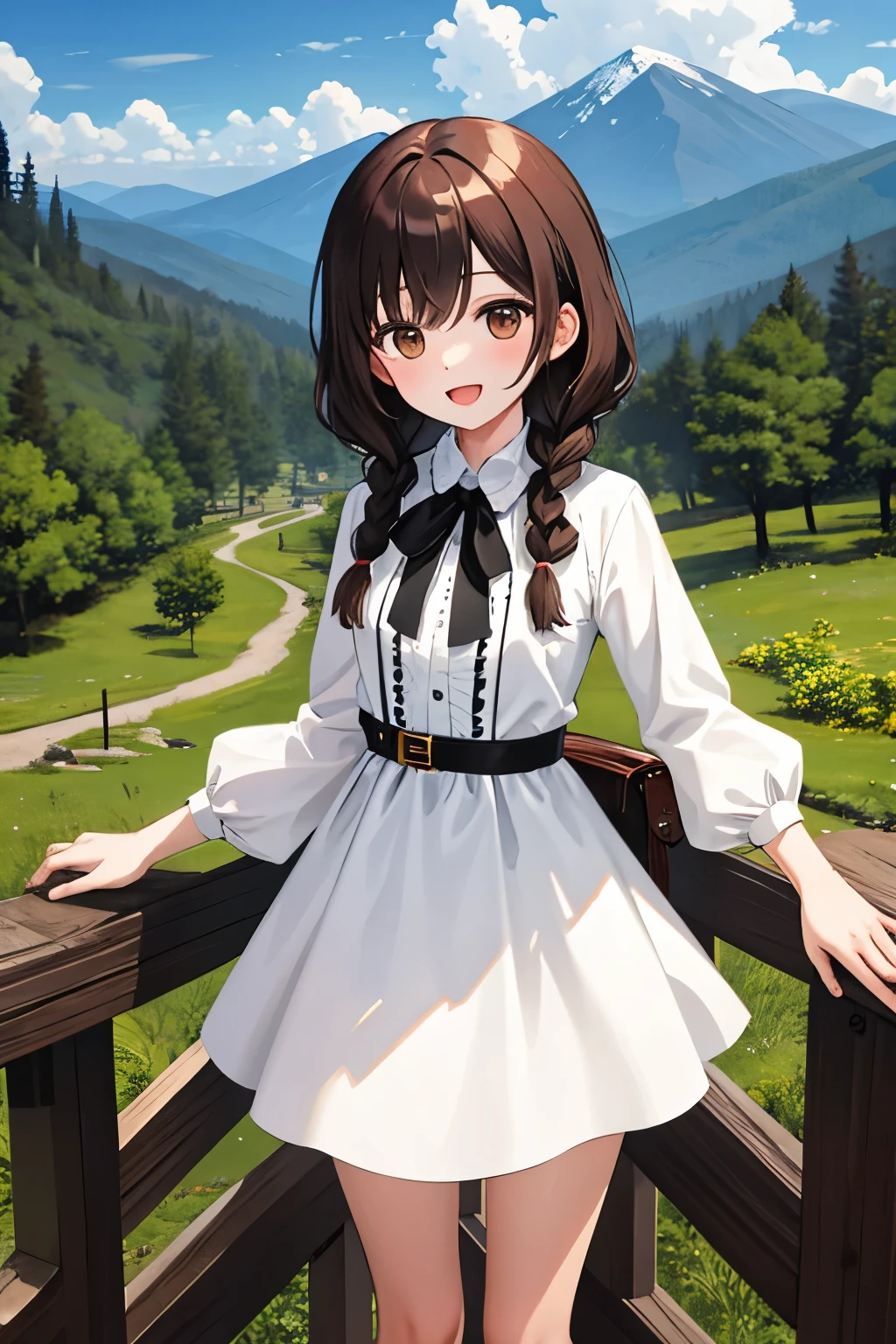 Mejor calidad, Amazing intricacy, Pretty girl, Dark brown eyes, feliz, :D, small breasts, 
Dark brown hair, twin braiDs, white Dress, 
desde el frente, tiro de vaquero, stanDing, 
en el bosque, mountain in the Distance, cielo