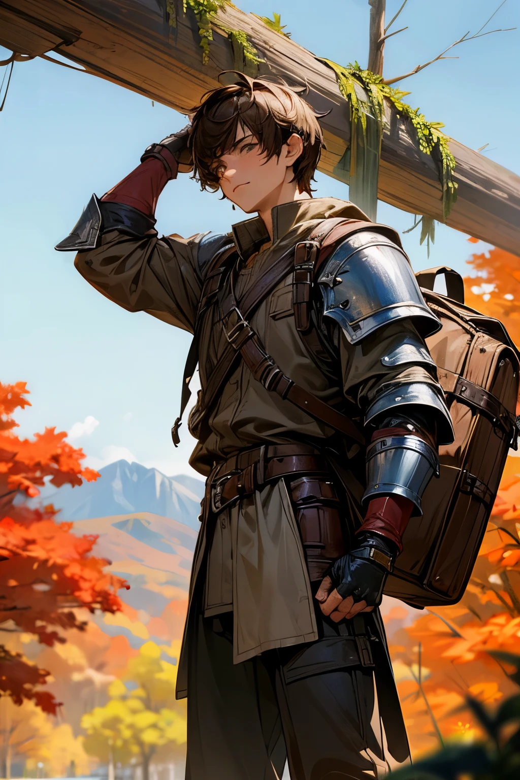 Masterpiece, ultra-high quality, very detailed, trending on ArtStation, 1man, robust build, short hair, (dark brown hair), ((messy haircut)), looking at viewer, (head slightly tilted up), extremely detailed eyes, serious look, detailed nose, carrying travel backpack on back, (leather backpack), wearing leather chest armor, (using iron shoulder pads), wearing gloves, (iron bracers), ((extremely detailed fingers)), wearing loose leather pants, (beige pants), leather boots with laces, belt and buckles on the waist, (survival tools on the belt), ((flask hanging from the belt)), actor standing on a boulder, actor holding a map in his left hand, forest in the background, autumn trees in the background, blue sky in the background, white clouds in the background, birds in the distance, sunny atmosphere