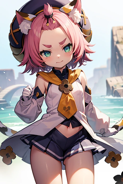 catgirl, bottomless, 10 years old, furrowed eyebrows, smirk, loli, outside, tail, detached sleeves, hat, голая попа