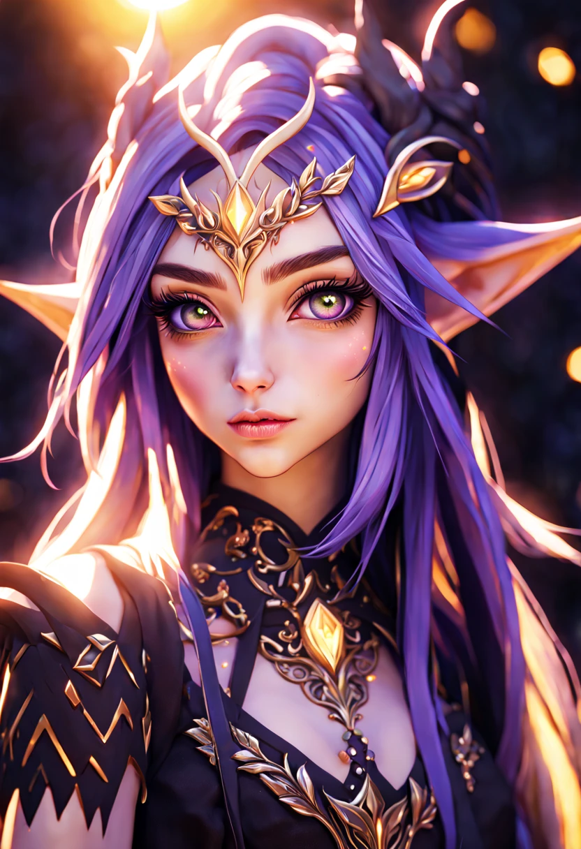 An portrait of a night elf hyperdetailed, volumetric lighting, golden hour, fairycore, deep color
