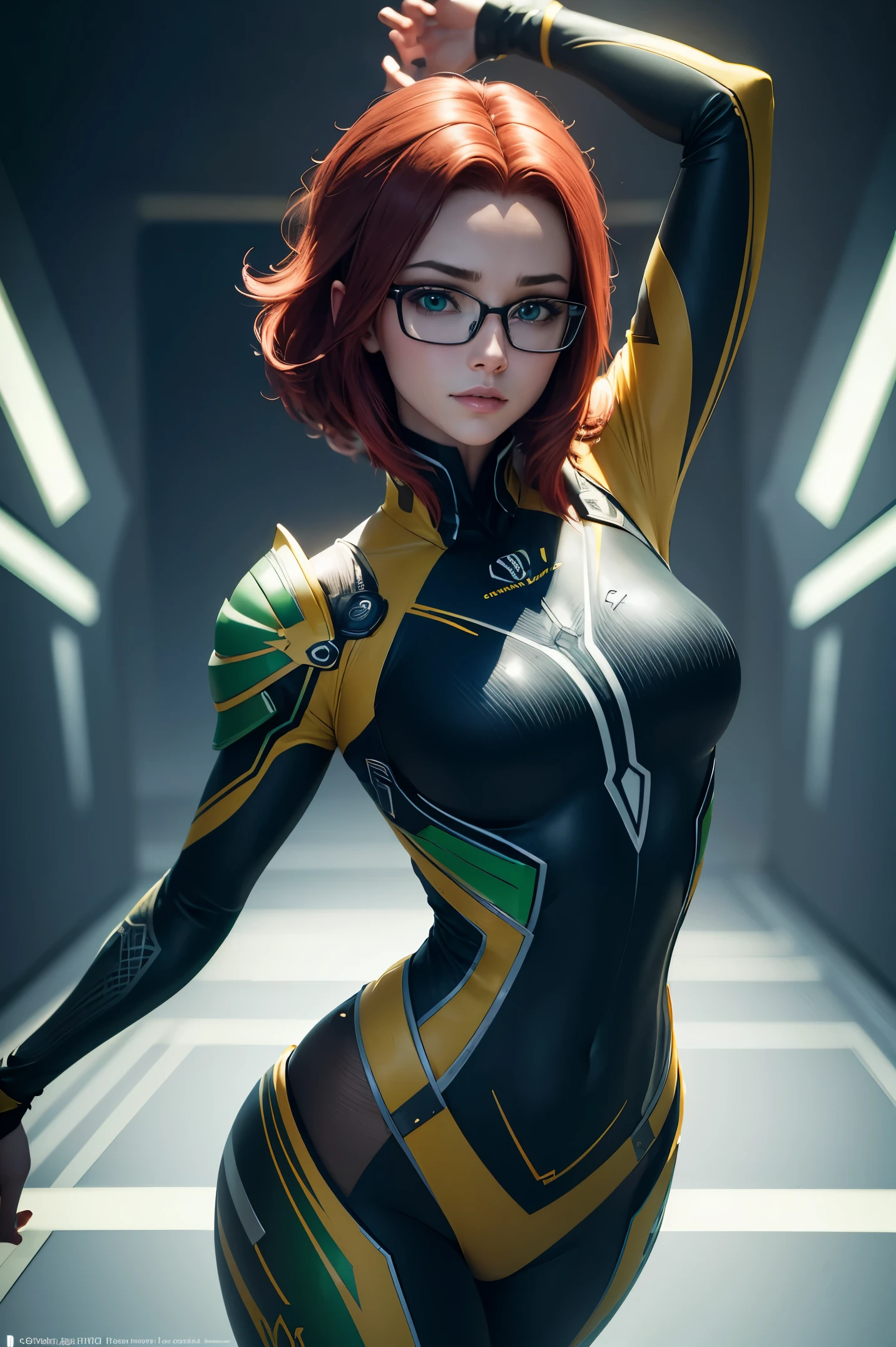 Redhead, green-eyed, young, Darling, smiling girl wearing metal-framed glasses, in a green and gold dress, small breasts, dynamic pose, 3D, (8K), detailed texture,(hyper-detailed), (photo Realistic), Cinematic light, Cinematic action, very detailed, Realistic, isometric, whole body, in frame, Managed Expression, dark theme, (extremely detailed eyes), detailed symmetric Realistic face, extremely detailed natural texture, masterpiece, extremely detailed, Amazing, small parts, rich colors, hyper Realistic lifelike texture, dramatic lighting, unreal engine, trending at the art station, photo Realistic, raw photo, High quality, a high resolution, Sharp Focus, extremely detailed, Cinematic lighting, 8K, a high resolution, Cinematic, neoprene, unreal engine 5, ultra Sharp Focus