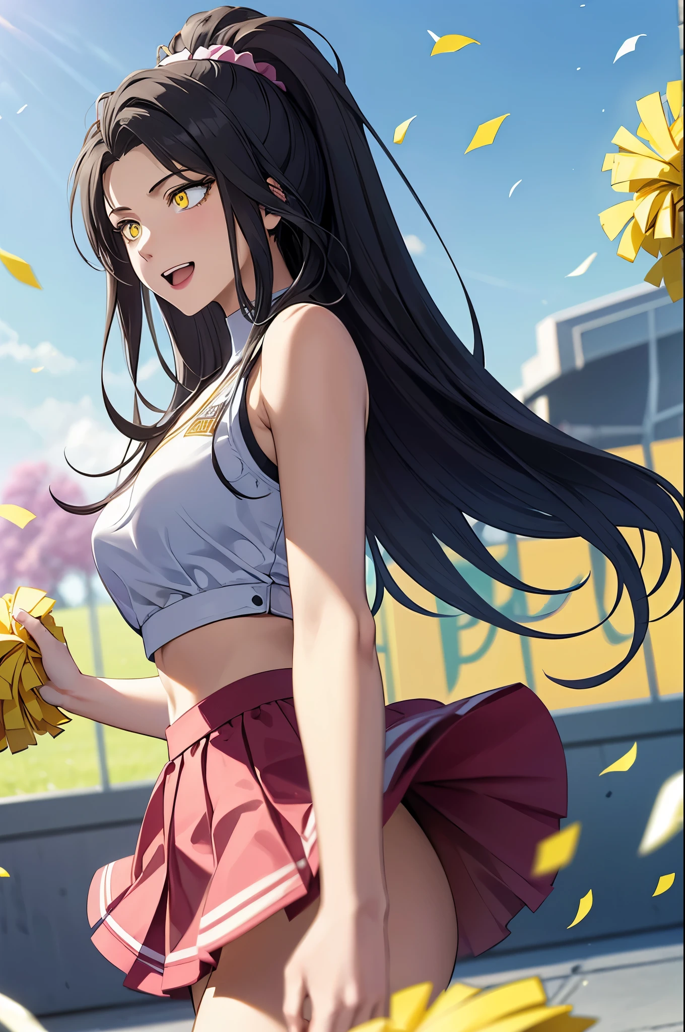 (masterpiece), (best quality), (ultra-detailed), photorealistic, (best illustration), ((an extremely delicate and beautiful)), 1girl, cheerleader, cowboy shot, pom pom \(cheerleading\), ponytail, hair scrunchie, :d, pink clothing, black hair,masterpiece,best quality,highres,ultra-detailed,aashizue,yellow eyes, outdoors, blue sky, confetti, pleated skirt,
