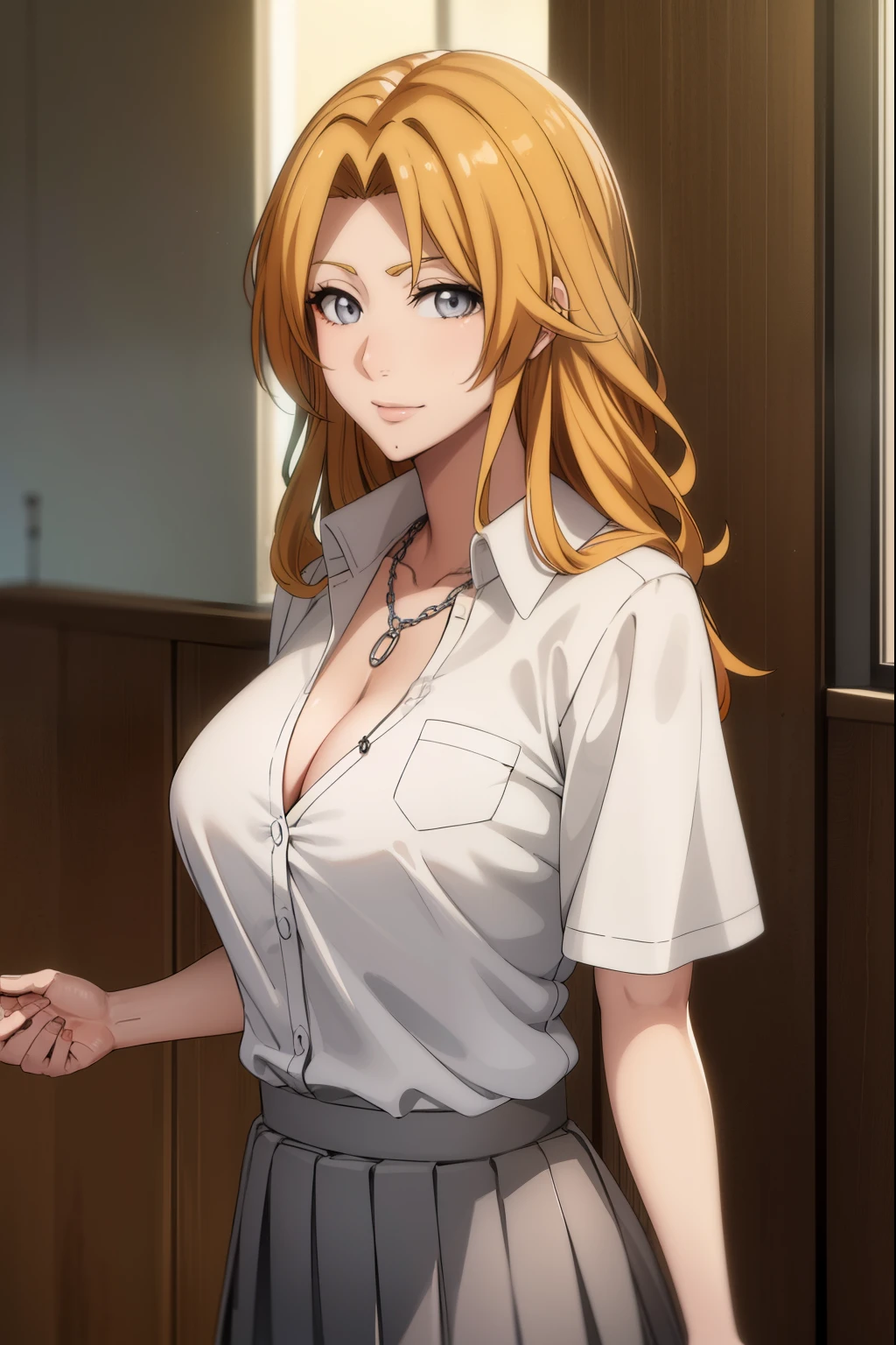 rangikumatsumoto, rangiku matsumoto, long hair, (grey eyes:1.5), orange hair, mole, mole under mouth, parted bangs, smile,
BREAK skirt, shirt, cleavage, jewelry, school uniform, pleated skirt, necklace, chain, collar, short sleeves, grey skirt, white shirt,
BREAK indoors, classroom,
BREAK looking at viewer, (cowboy shot:1.5),
BREAK (masterpiece:1.2), best quality, high resolution, unity 8k wallpaper, (illustration:0.8), (beautiful detailed eyes:1.6), extremely detailed face, perfect lighting, extremely detailed CG, (perfect hands, perfect anatomy),