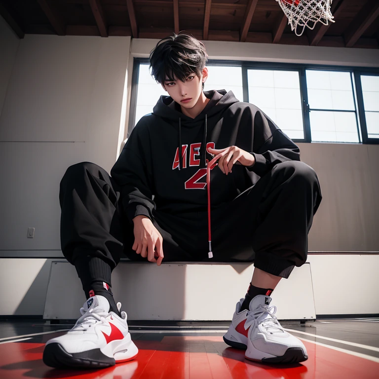 1 Korean young men，male，20 years old，High，Height 180 cm，Hair  medium length，Black sweatshirt，black long pants，Red and white high top basketball shoes，White sport socks，Sit on the basketball court，Feet reach for the lenadass anime 4k ，POV perspective，Proud，Cold，looking into camera，