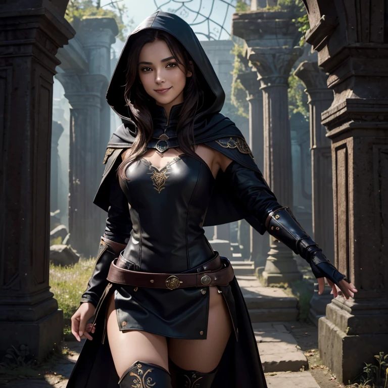 "(best quality,8K,highres,masterpiece:1.2),beautiful,detailed face,smiling and mesmerizing,dark chestnut hair,wearing black armor with magical ruins motif.emphasized chest area", arab decent, short and thin, with a hooded cloak, and short leather skirt and thigh high boots