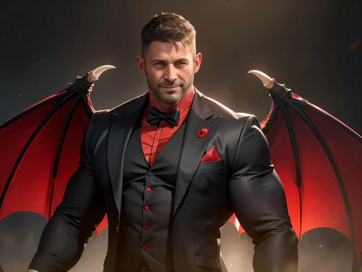 An award-winning original photo，A wild muscular man, (40 years old daddy:1.3), 1boy, Solo, muscled and mature, short haircut, (detailed face), smirks, solo, white skin, muscular, muscle man, tall, hunk, big biceps, wide shoulder, facial hair, black short hair,(wearing a black and red tuxedo), elegant, high resolution:1.2, best quality, (devillish smile), (a male devil with (big!!! red demon wings)), open arms out, Dynamic Angle, volumetric lighting, (Best quality, A high resolution, Photorealistic), Cinematic lighting, Masterpiece, RAW photo, Intricate details, hdr, depth of field, from above, upper body shot, close up