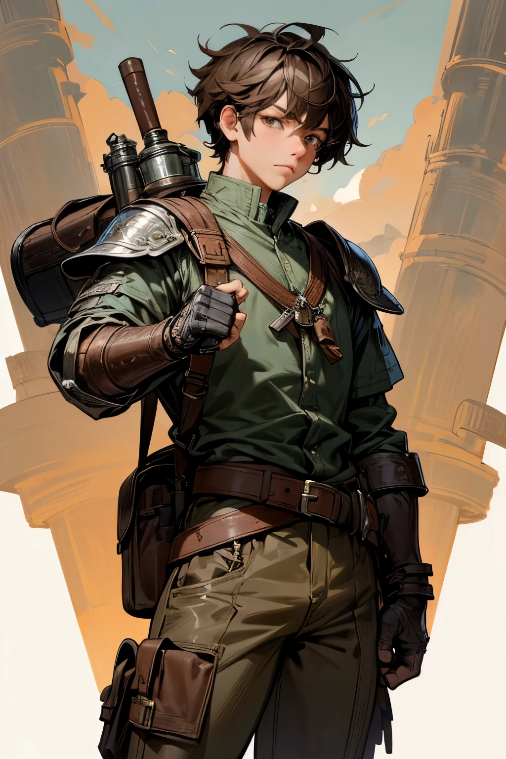Masterpiece, ultra-high quality, very detailed, trending on ArtStation, 1man, robust build, short hair, (dark brown hair), ((messy haircut)), looking at viewer, (head slightly tilted up), extremely detailed eyes, serious look, detailed nose, carrying travel backpack on back, (leather backpack), wearing leather chest armor, (using iron shoulder pads), wearing gloves, (iron bracers), ((extremely detailed fingers)), wearing loose leather pants, (beige pants), leather boots with laces, belt and buckles on the waist, (survival tools on the belt), ((flask hanging from the belt)), actor standing on a boulder, actor holding a map in his left hand, forest in the background, autumn trees in the background, blue sky in the background, white clouds in the background, birds in the distance, sunny atmosphere