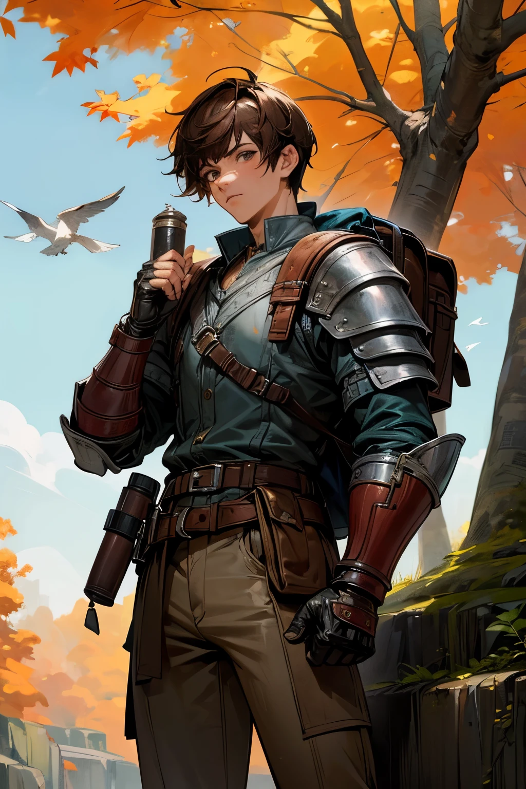 Masterpiece, ultra-high quality, very detailed, trending on ArtStation, 1man, robust build, short hair, (dark brown hair), ((messy haircut)), looking at viewer, (head slightly tilted up), extremely detailed eyes, serious look, detailed nose, carrying travel backpack on back, (leather backpack), wearing leather chest armor, (using iron shoulder pads), wearing gloves, (iron bracers), ((extremely detailed fingers)), wearing loose leather pants, (beige pants), leather boots with laces, belt and buckles on the waist, (survival tools on the belt), ((flask hanging from the belt)), actor standing on a boulder, actor holding a map in his left hand, forest in the background, autumn trees in the background, blue sky in the background, white clouds in the background, birds in the distance, sunny atmosphere