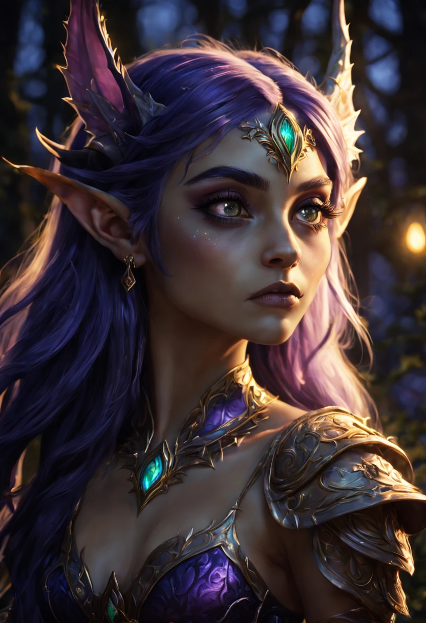 An portrait of a night elf hyperdetailed, volumetric lighting, golden hour, fairycore, deep color