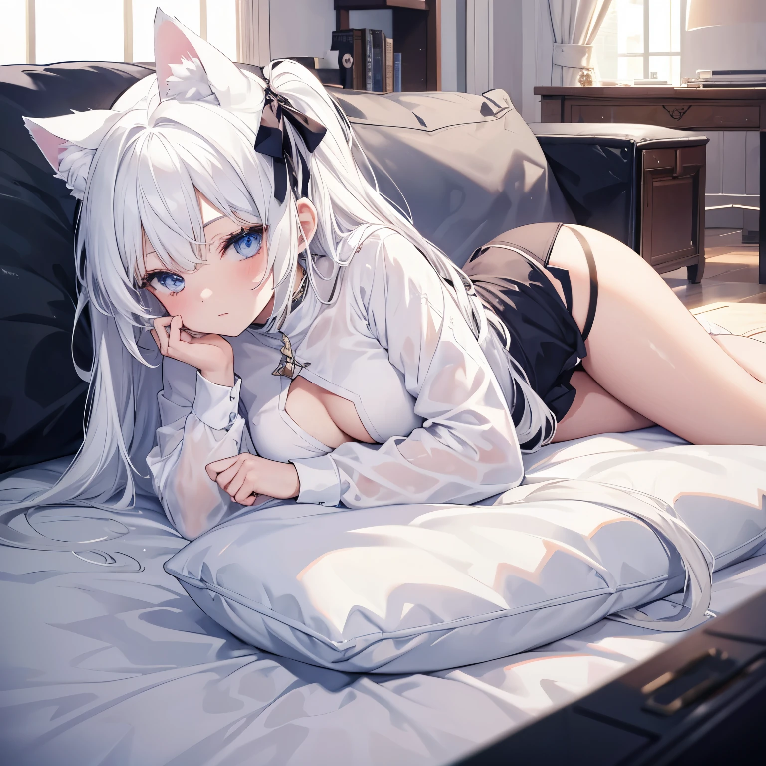 a girl，white hair，white silk，Cat ear，The camera  bottom-up，，Lying down，R18+