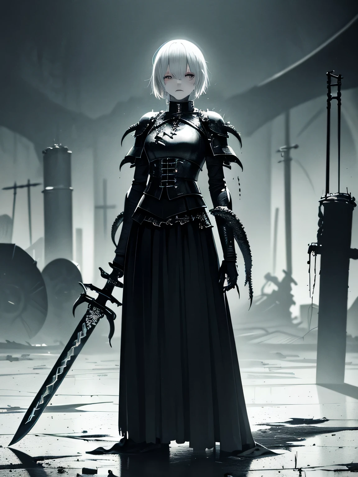 (dark biopunk art), ((hopeless tentacle horror fantasy)), dark anime girl, ((holding a broken massive broad sword with both hands)), short white hair, dark eyes, black wounds, broken steel skirt, (cracked long iron skirt), broken breastplate, black oil fluids, devastated fantasy environment, very detailed art, very detailed background