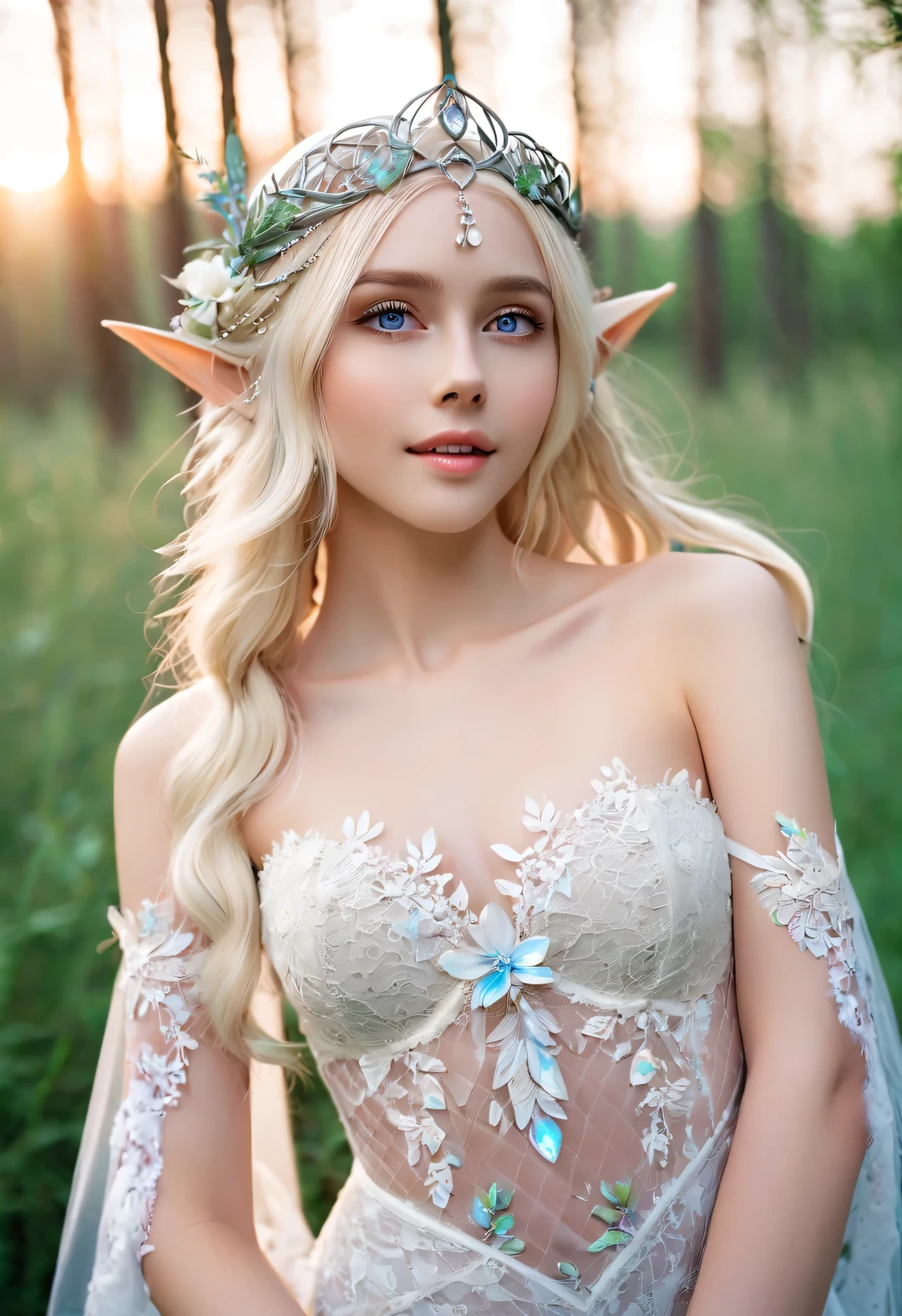 (Full body close-up portrait), Young beautiful light elf sparkling, Blonde hair, blue eyes, look beautiful. They are usually mild-mannered, happy and enthusiastic, Able to communicate with trees, Flowers and plants, fish and birds, Have the perfect figure, radiant skin, expressive eyes, High cheekbones, Delicate nose, bright smile, flowing hair, and put on an exquisite white lace wedding dress, Forest background under moonlight,
Advertising style shoot, romantic wedding photography style, soft natural light, Shot with Canon AE-1 film camera, Lens 50mm, F/1.8, light depth of field, pastel color palette, Very detailed, 8k,
