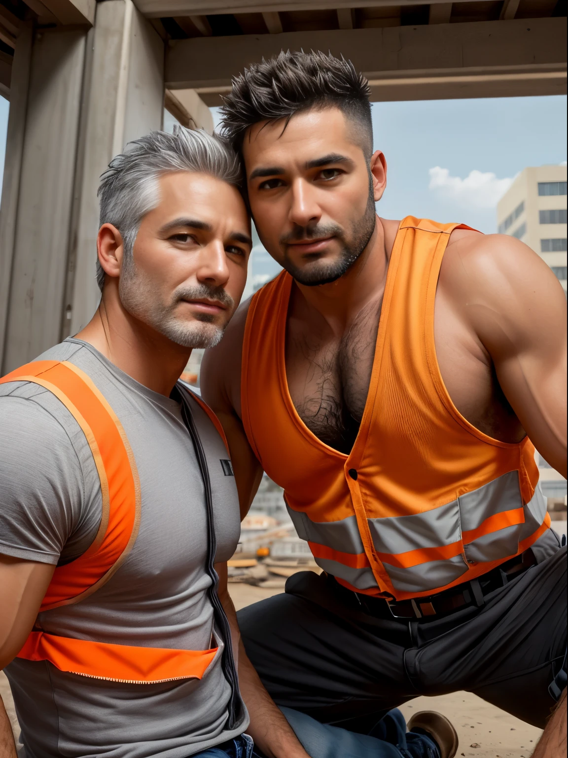 masterpiece, best quality, high resolution, closeup portrait, male focus, solo focus, A man, 40 years old, with construction worker uniform, unbuttoned work clothes, construction worker, silver grey hair, messy hairstyle, hairy armpit, cute and seductive face, bare chest, body hair, facial hair, roman nose, very skinny body, hairy legs, dimples, beard, bold jawline , in the background a construction site, two men love touch romantic, kneeling, two men kiss, sweaty, sunburnt, orange safety vest, attractive, view from below, amazing composition, front view, HDR, ultra quality, elegant, highly detailed