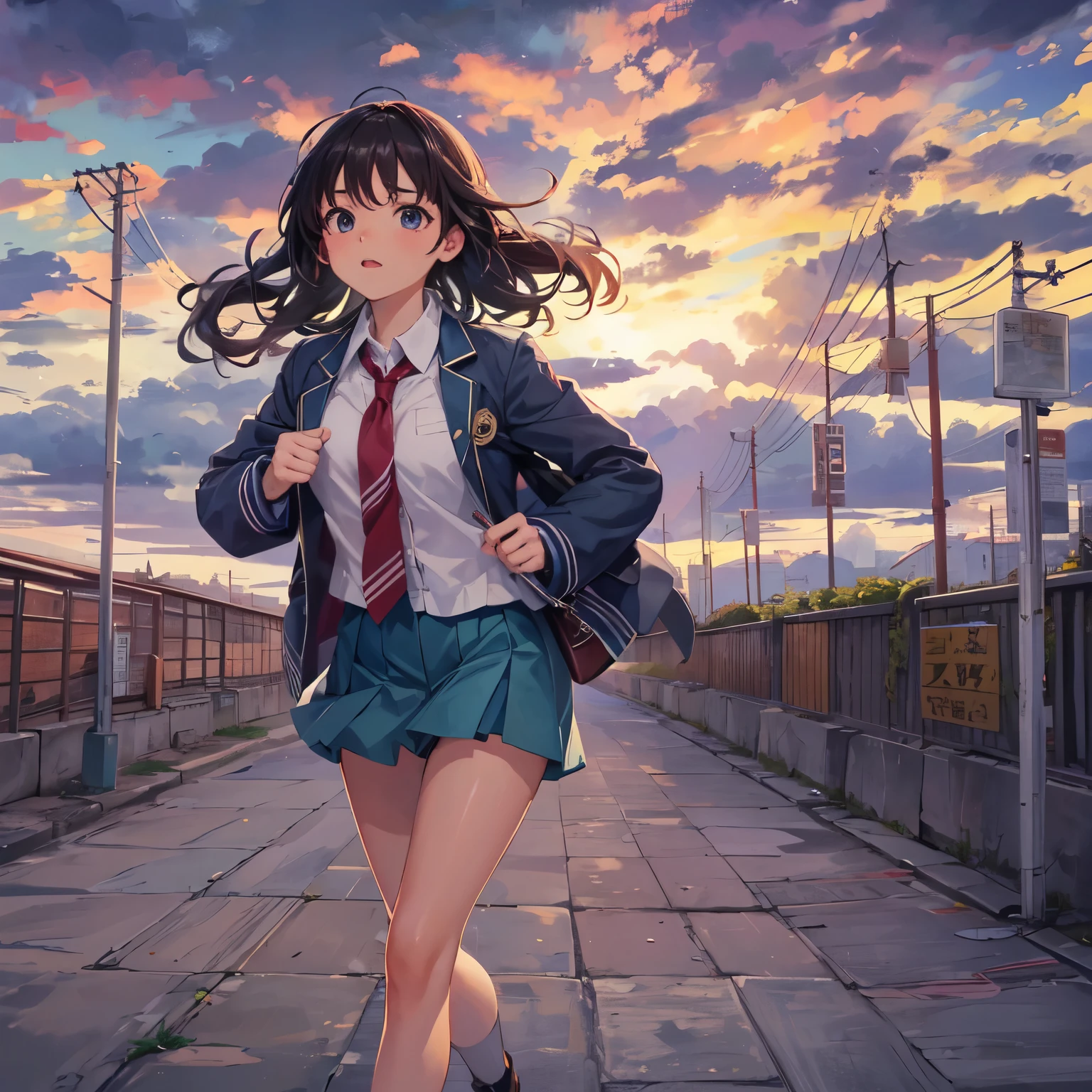 Solo, chica, japanese highschool chica, uniforme de secundaria, Chaqueta y falda de cuadros, (running behind time and nervous), cielo hermoso, nubes detalladas, warm lighting, cabello largo, Cabello brillante, ojos oscuros, Hermoso rostro y ojos detallados., cinematic lighting, Artefactos JPEG, Disparo a la altura de los ojos, sombra paralela, profundidad de campo, tachi-e, Colores tipo Ghibli, obra maestra, retina, preciso, Mejor calidad, high resolution, 8k, Super detailed