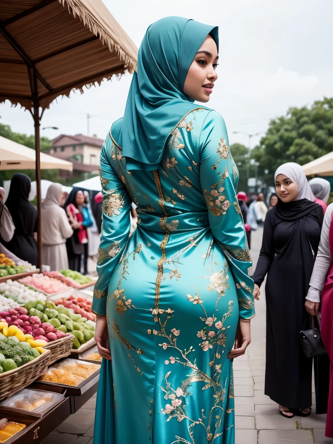 RAW, Best quality, high resolution, masterpiece: 1.3), beautiful Malay woman in hijab:0.8),woman standing on the market, beautiful design, wearing a turquoise beautiful tight baju kurung, beautiful clothes, very beautiful style, floral patterned dress, beautiful masterpiece, beautiful dress, wearing a graceful dress, very beautiful masterpiece, fine details, beautiful dress, full dress closed, very beautiful and graceful, very detailed, thick body, firm breast, firm buttock, from behind, (looking back over shoulder at the audience, facial details, double eyelids, smiling)