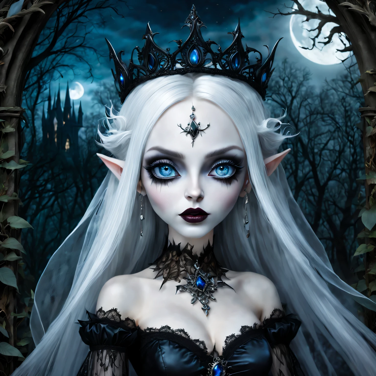 Gothic,portrait,night elf queen,sharp focus,blue eyes,Flowing white hair,Salient features,Detailed lips,pale skin,,mystery的微笑,thorn crown,exquisite jewelry,long and pointed ears,charming的目光,black lace dress,veil,Moonlight Garden,Forest background under moonlight,Moonlight casts shadows,dark aura,Stylish design,ethereal beauty,nipple process,The presence of majesty,charming的目光,subtle glow,ethereal light.masterpiece, best quality, (High-detail CG unified 8K wallpaper) (best quality), (Best Illustration), (best shadow) nature，Sky, cloud, Delicate leaf petals fall in the air，track, super detailed，ultra high resolution, Surrealism, HD, golden ratio，（royal），（enchanted forest），（peaceful），（Peace），（mystery），（grace），（charming），