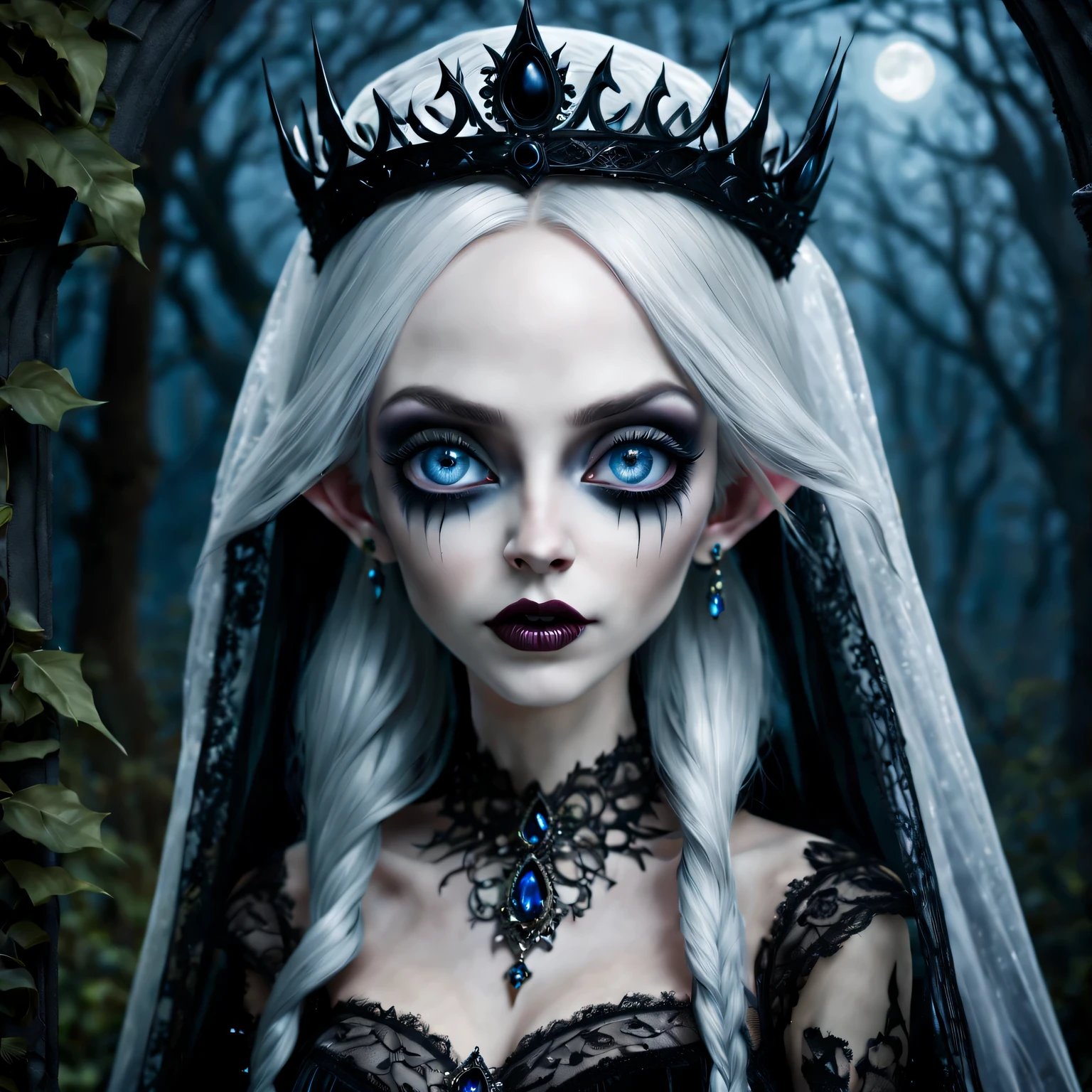 (best quality,4K,8k,high resolution,masterpiece:1.2),Super detailed,(actual,photoactual,photo-actual:1.37),Gothic,portrait,night elf queen,sharp focus,blue eyes,Flowing white hair,Salient features,Detailed lips,pale skin,mysterious smile,thorn crown,exquisite jewelry,long and pointed ears,charming gaze,black lace dress,veil,Moonlight Garden,Forest background under moonlight,Moonlight casts shadows,dark aura,Stylish design,ethereal beauty,nipple process,The presence of majesty,charming gaze,subtle glow,ethereal light