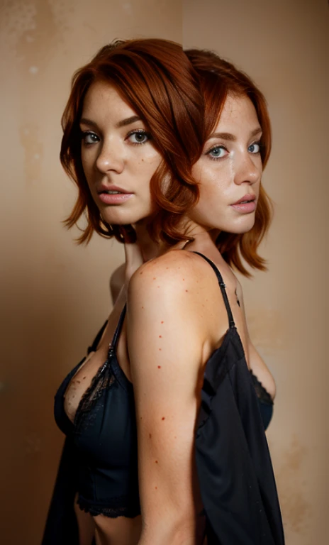 2 heads,Photo of a 27-year-old woman with red hair, a captivating gaze, Brown eyes, freckles, blue sweather,Black High Heel Boots,She wears very sexy lingerie underwear, breasts, 32K, high detail, high detailed face, freckles on face