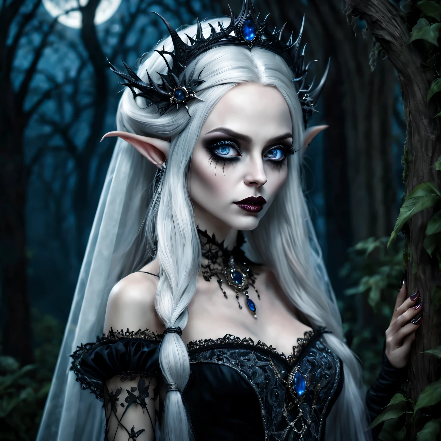 (best quality,4K,8k,high resolution,masterpiece:1.2),Super detailed,(actual,photoactual,photo-actual:1.37),Gothic,portrait,night elf queen,sharp focus,blue eyes,Flowing white hair,Salient features,Detailed lips,pale skin,mysterious smile,thorn crown,exquisite jewelry,long and pointed ears,charming gaze,black lace dress,veil,Moonlight Garden,Forest background under moonlight,Moonlight casts shadows,dark aura,Stylish design,ethereal beauty,nipple process,The presence of majesty,charming gaze,subtle glow,ethereal light