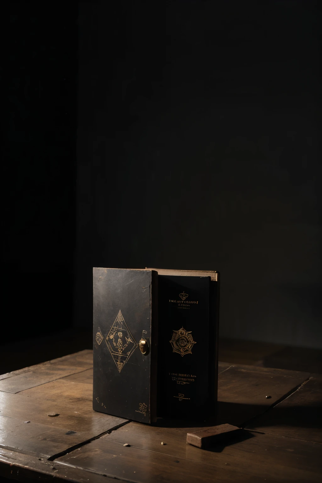 black background,dark shabby room,There a podium in the middle,On top lies a closed magic book,The faint light from above shines on the book,There are strange symbols in the magic book,Rich in mystery