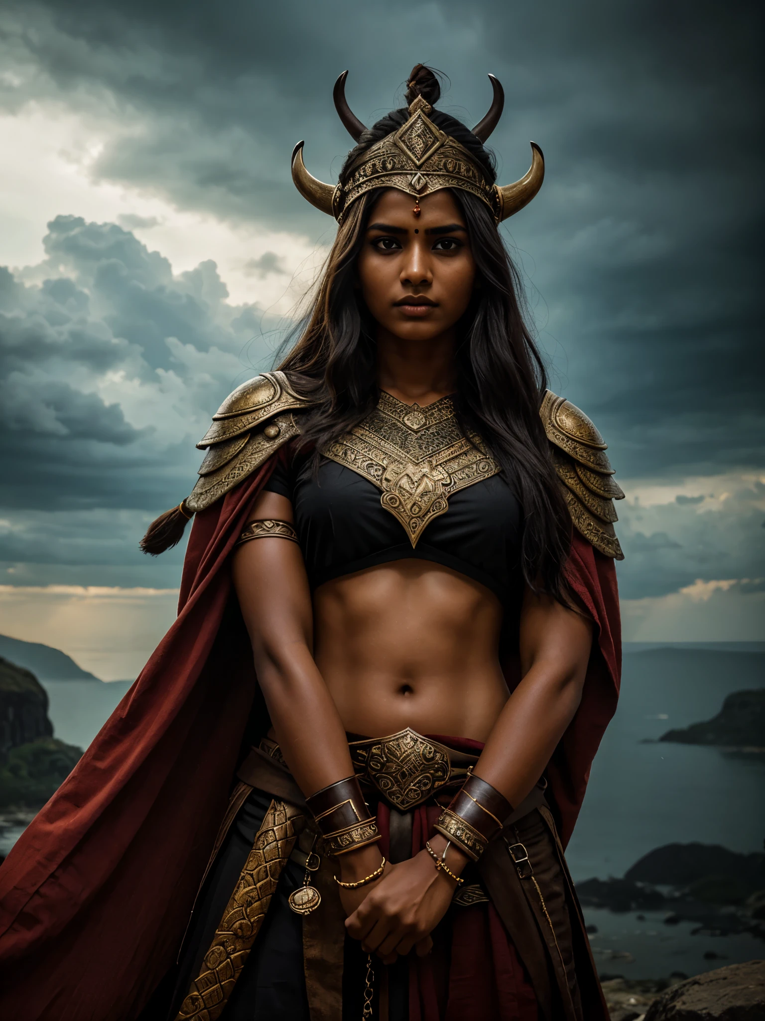 (a Tamil girl as the Viking Queen), elaborate headdress, majestic cloak,ornate armor,beautiful detailed eyes, fierce expression,strong posture,holding a battle axe,shield with intricate design,dramatic lighting,stormy sky,warrior queen demeanor,determination and strength,rich colors,high contrast,gritty texture,strong and bold brushstrokes, HDR, hyper realistic 