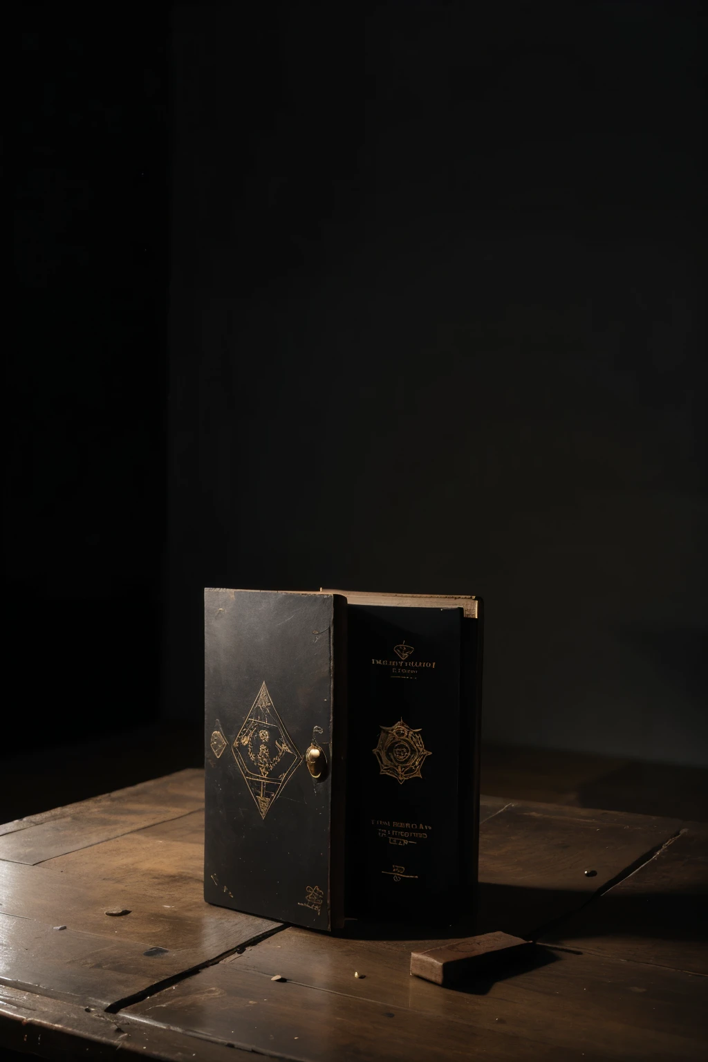 black background,dark shabby room,There a podium in the middle,On top lies a closed magic book,The faint light from above shines on the book,There are strange symbols in the magic book,Rich in mystery