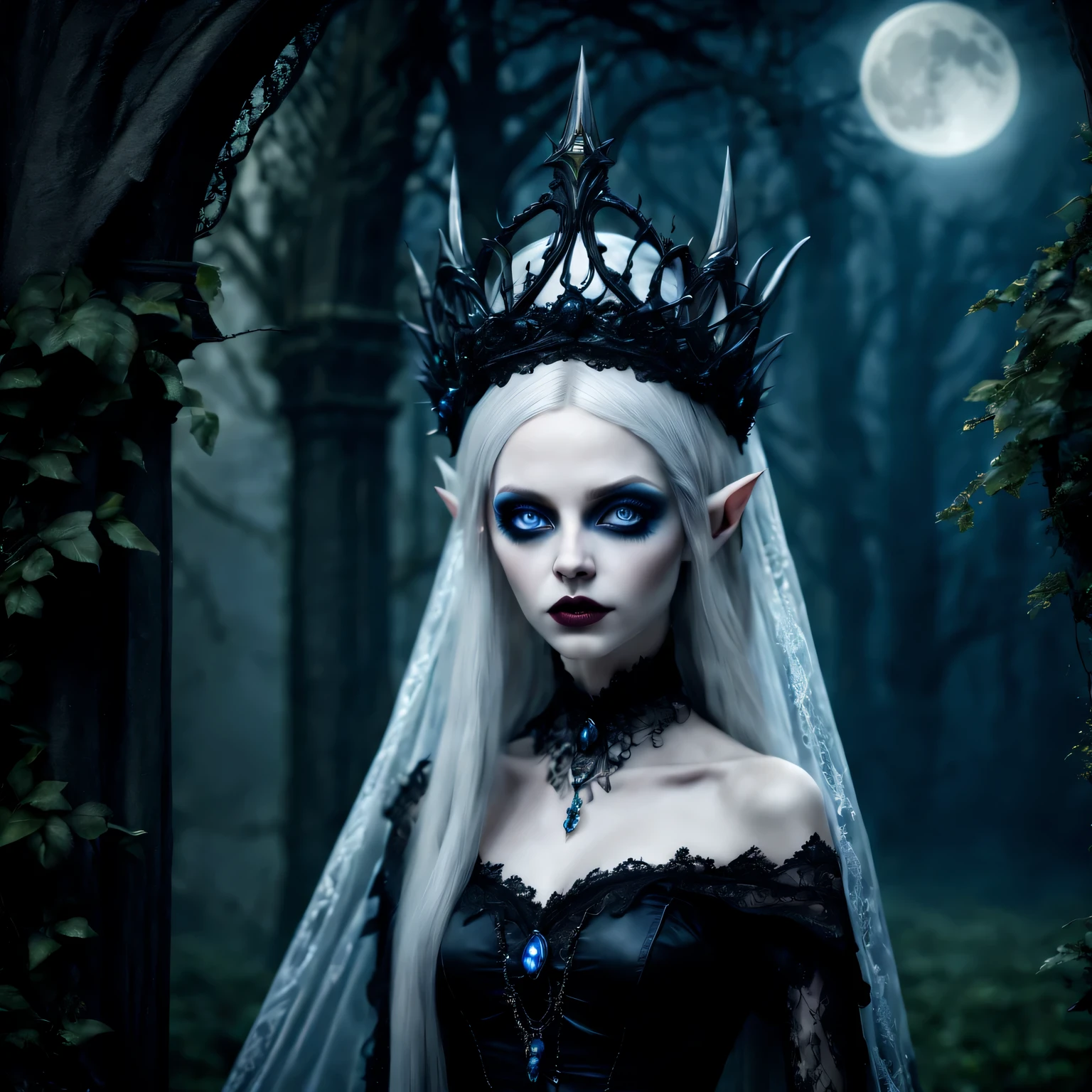 (best quality,4K,8k,high resolution,masterpiece:1.2),Super detailed,(actual,photoactual,photo-actual:1.37),Gothic,portrait,night elf queen,sharp focus,blue eyes,Flowing white hair,Salient features,Detailed lips,pale skin,mysterious smile,thorn crown,exquisite jewelry,long and pointed ears,charming gaze,black lace dress,veil,Moonlight Garden,Forest background under moonlight,Moonlight casts shadows,dark aura,Stylish design,ethereal beauty,nipple process,The presence of majesty,charming gaze,subtle glow,ethereal light