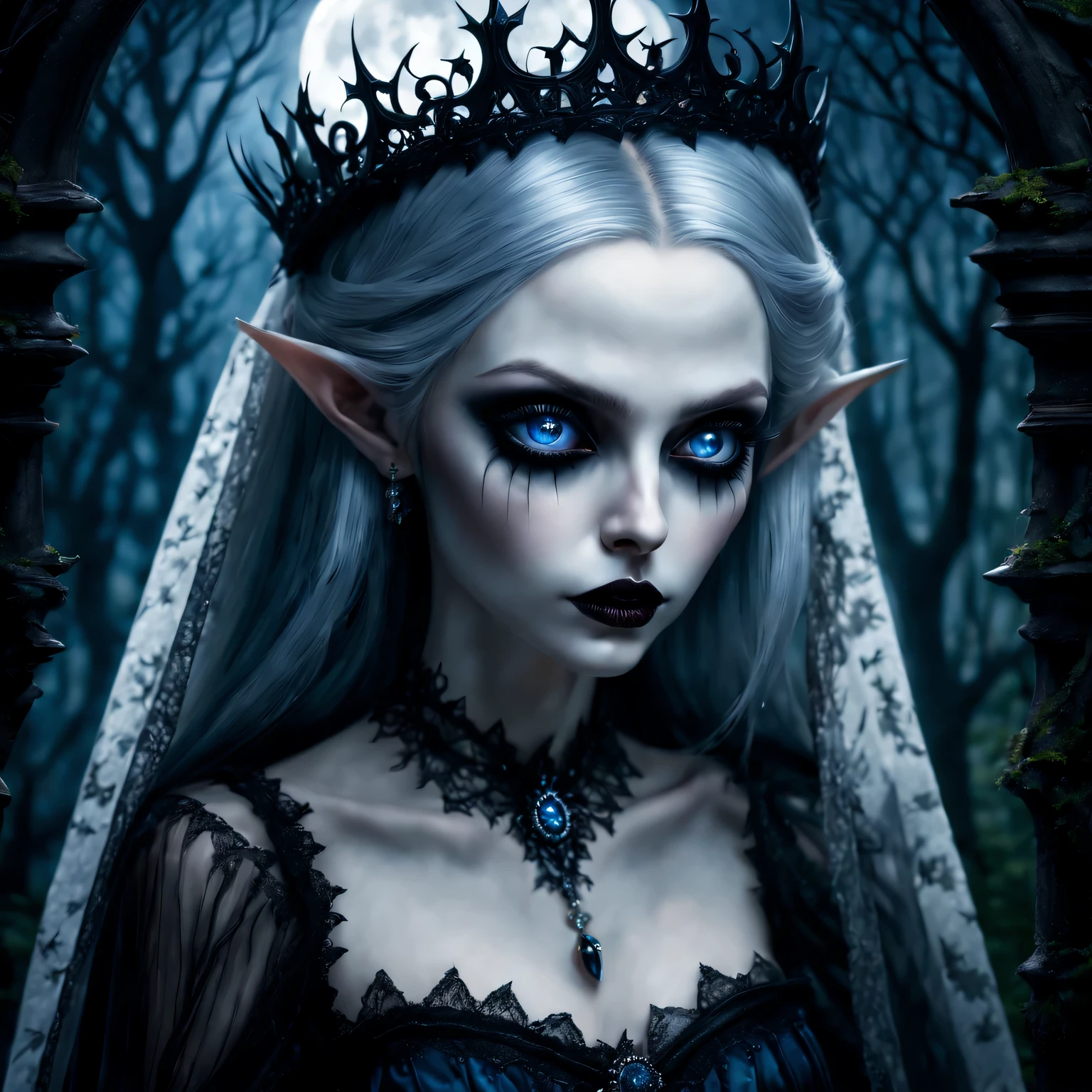 (best quality,4K,8k,high resolution,masterpiece:1.2),Super detailed,(actual,photoactual,photo-actual:1.37),Gothic,portrait,night elf queen,sharp focus,blue eyes,Flowing white hair,Salient features,Detailed lips,pale skin,mysterious smile,thorn crown,exquisite jewelry,long and pointed ears,charming gaze,black lace dress,veil,Moonlight Garden,Forest background under moonlight,Moonlight casts shadows,dark aura,Stylish design,ethereal beauty,nipple process,The presence of majesty,charming gaze,subtle glow,ethereal light