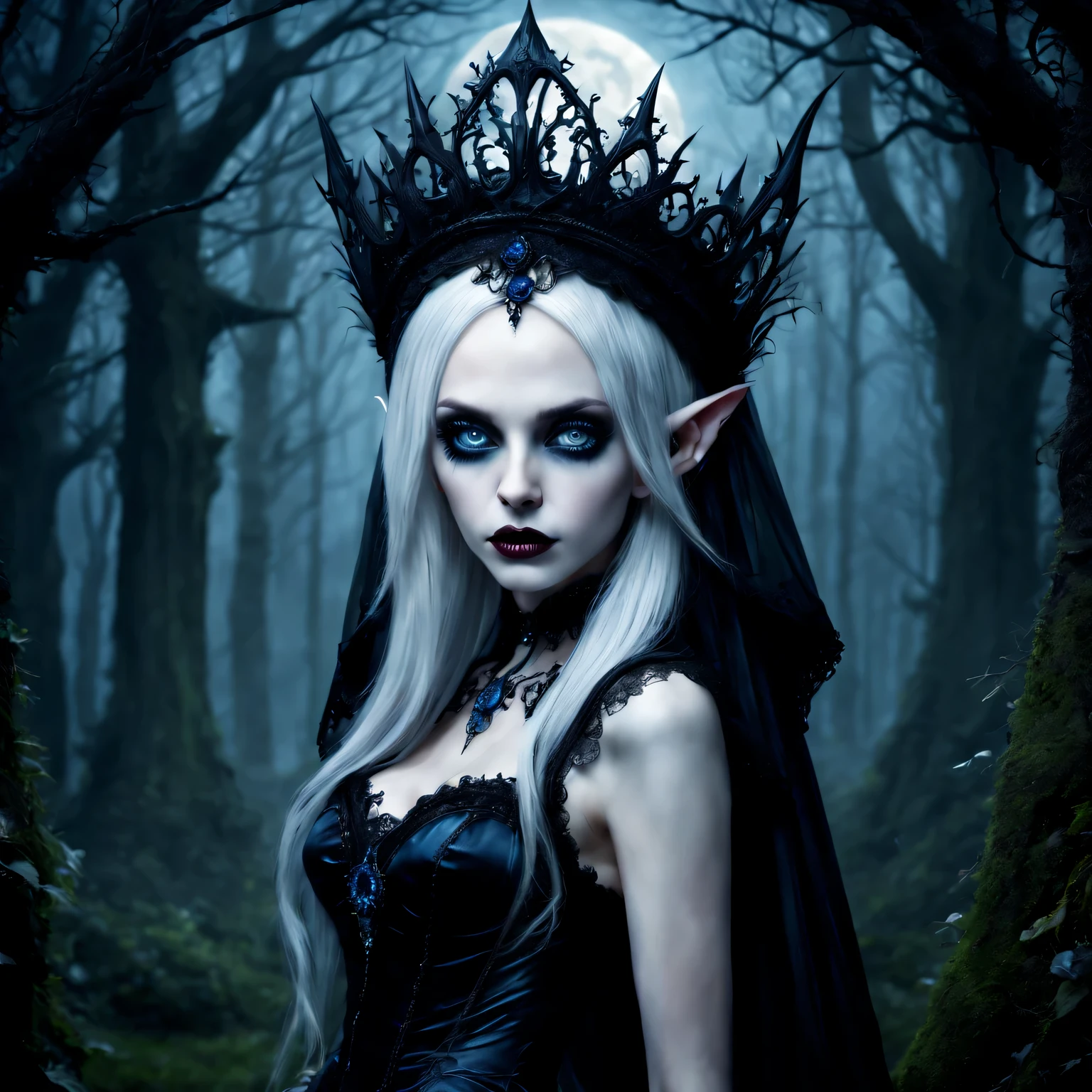 (best quality,4K,8k,high resolution,masterpiece:1.2),Super detailed,(actual,photoactual,photo-actual:1.37),Gothic,portrait,night elf queen,sharp focus,blue eyes,Flowing white hair,Salient features,Detailed lips,pale skin,mysterious smile,thorn crown,exquisite jewelry,long and pointed ears,charming gaze,black lace dress,veil,Moonlight Garden,Forest background under moonlight,Moonlight casts shadows,dark aura,Stylish design,ethereal beauty,nipple process,The presence of majesty,charming gaze,subtle glow,ethereal light
