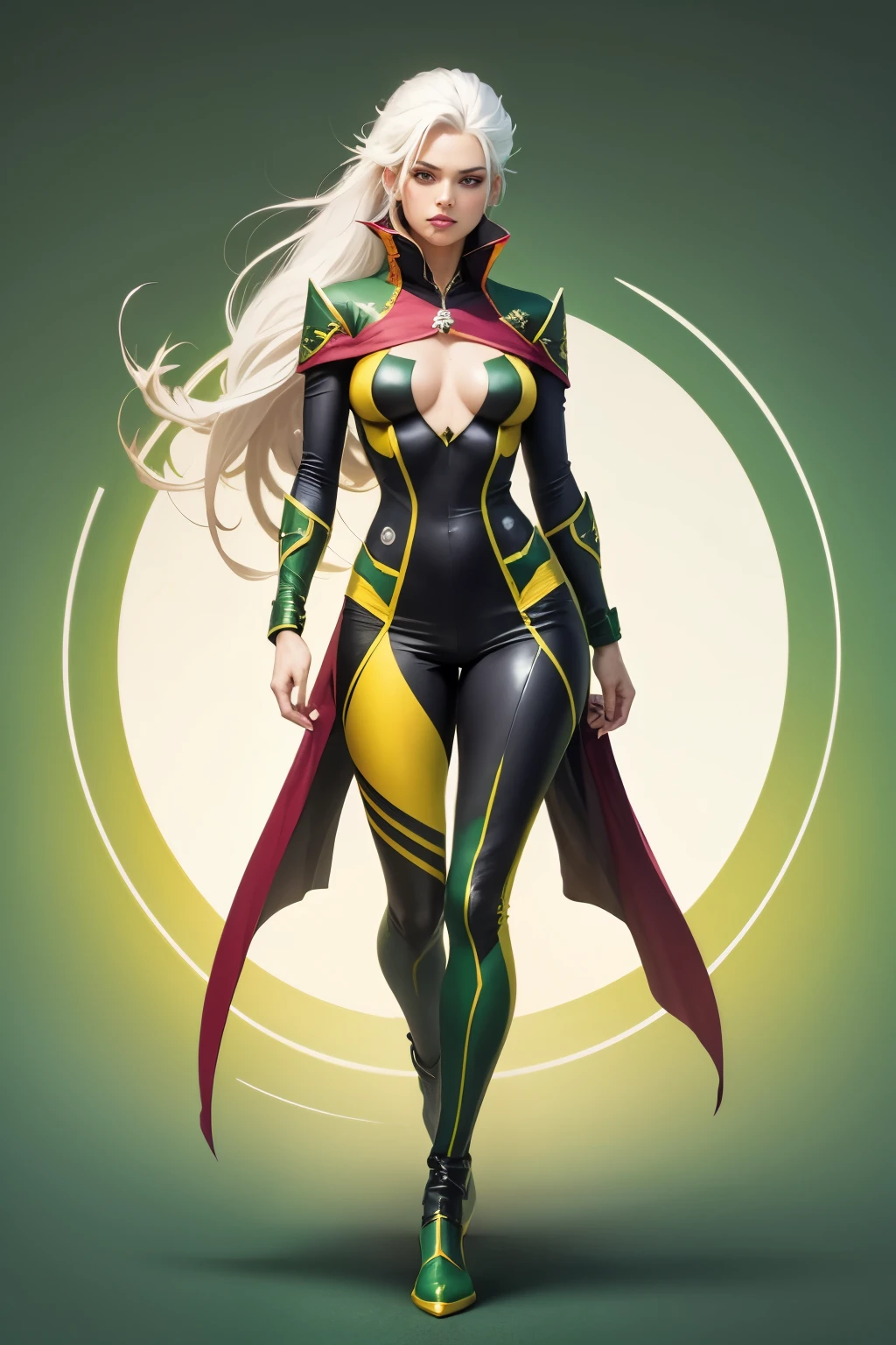 Rogue xmen unsing roupa original full body in foot circle, fantasy, style green and yellow suit, red and white hair,