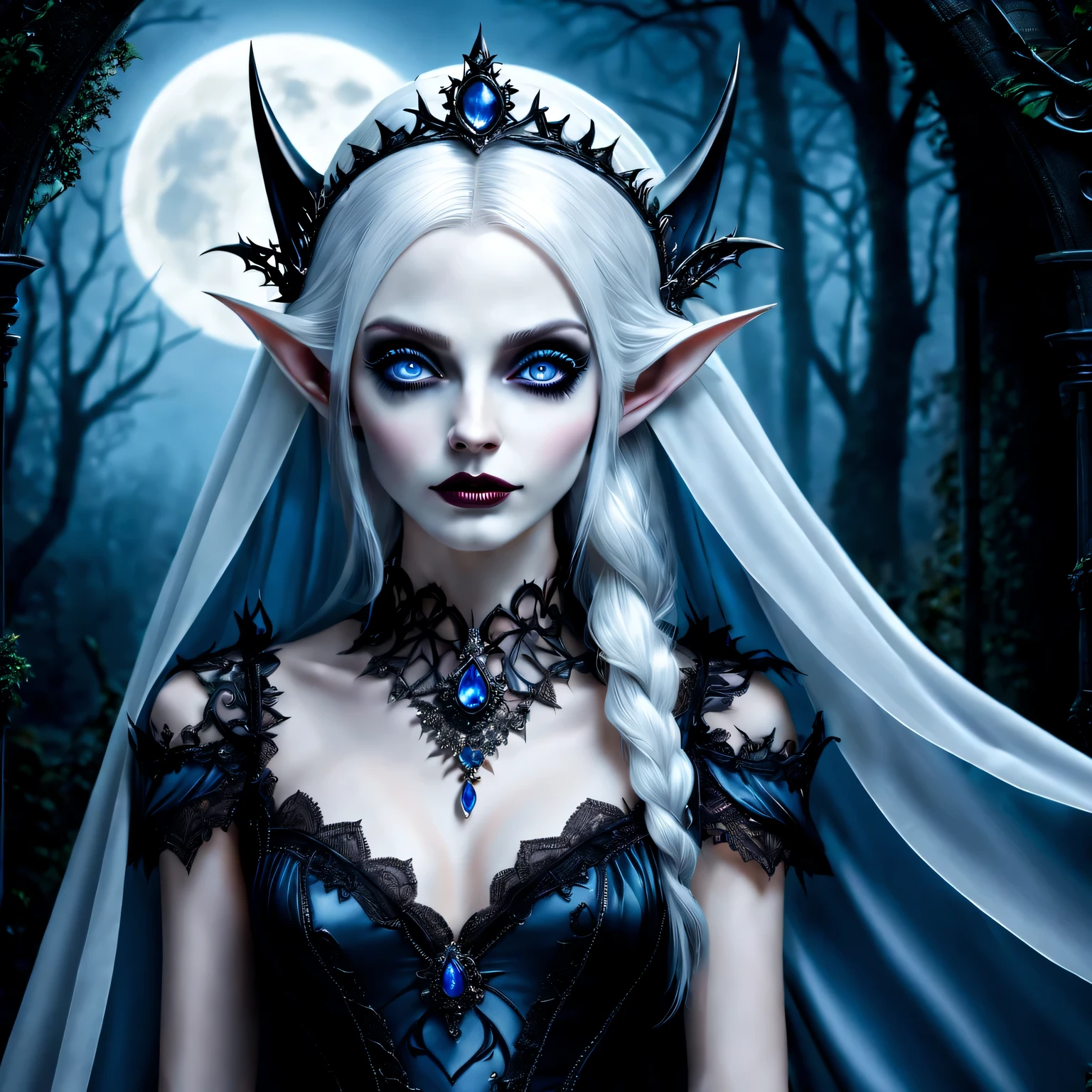(best quality,4K,8k,high resolution,masterpiece:1.2),Super detailed,(actual,photoactual,photo-actual:1.37),Gothic,portrait,night elf queen,sharp focus,blue eyes,Flowing white hair,Salient features,Detailed lips,pale skin,mysterious smile,thorn crown,exquisite jewelry,long and pointed ears,charming gaze,black lace dress,veil,Moonlight Garden,Forest background under moonlight,Moonlight casts shadows,dark aura,Stylish design,ethereal beauty,nipple process,The presence of majesty,charming gaze,subtle glow,ethereal light