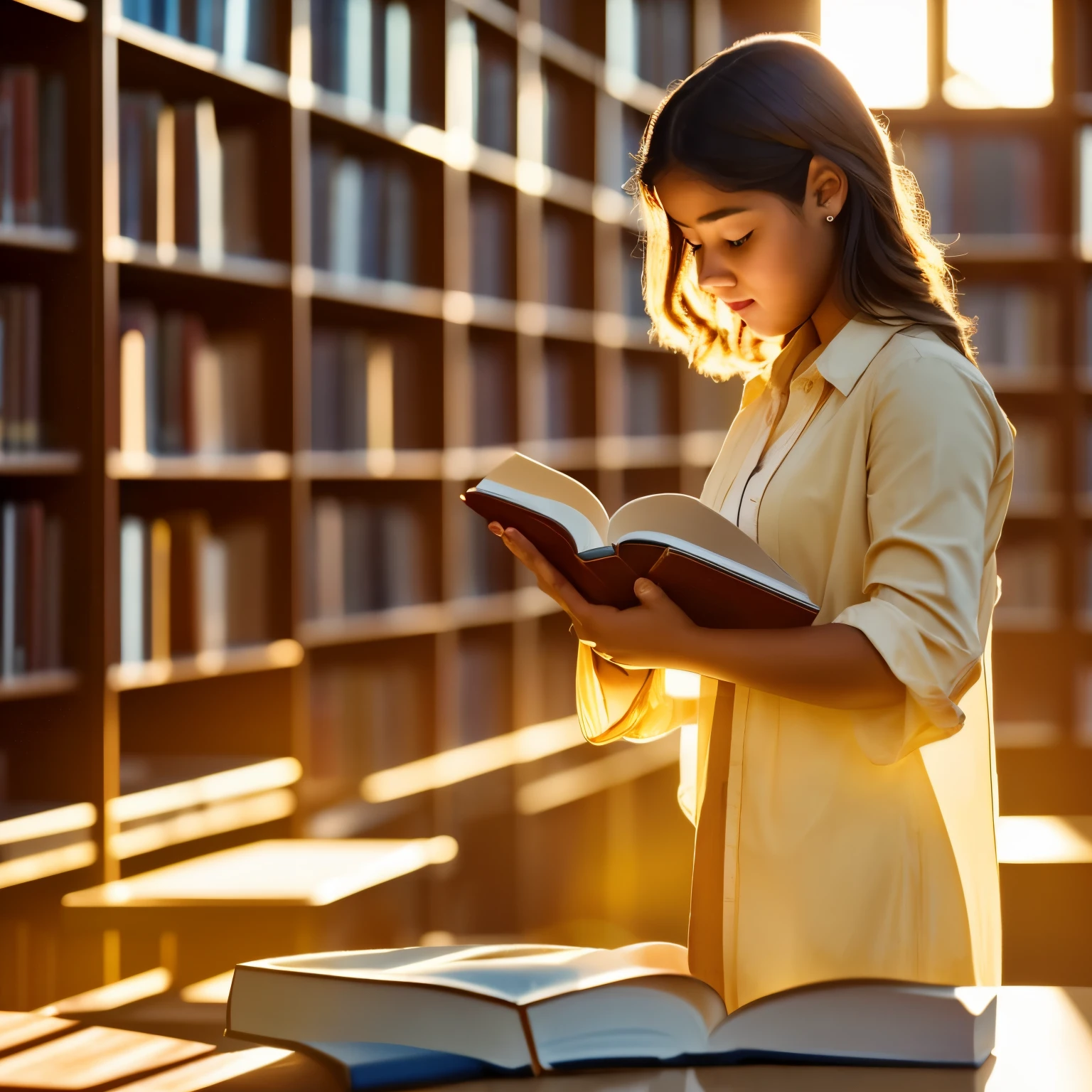 student reading a book in library, ultrarealistic, golden hour