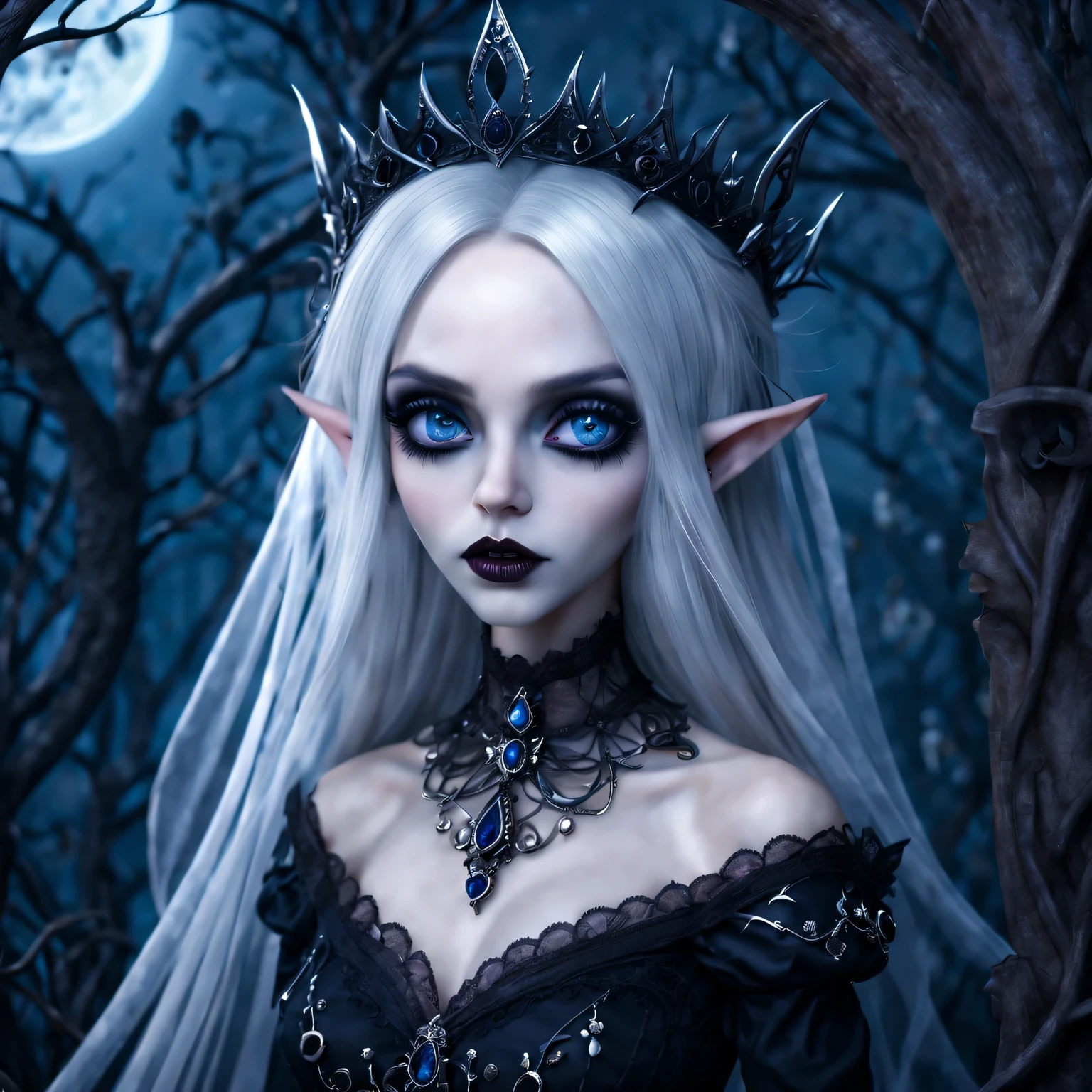 (best quality,4K,8k,high resolution,masterpiece:1.2),Super detailed,(actual,photoactual,photo-actual:1.37),Gothic,portrait,night elf queen,sharp focus,blue eyes,Flowing white hair,Salient features,Detailed lips,pale skin,mysterious smile,thorn crown,exquisite jewelry,long and pointed ears,charming gaze,black lace dress,veil,Moonlight Garden,Forest background under moonlight,Moonlight casts shadows,dark aura,Stylish design,ethereal beauty,nipple process,The presence of majesty,charming gaze,subtle glow,ethereal light