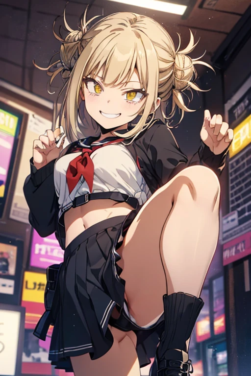 nsfw,top-quality,Top image quality,in 8K,4K,masterpiece,ultra-detailliert,Beautiful、ultra-quality, best quality,high resolution, ultra-detailed,game cg,dutch angle ,beautiful detailed eyes, visualart,five fingers, perfect hands,beautiful girl,Himikotoganova, (1 girl, alone), blonde hair, double bun, messy hair, bangs, (perfect eyes, yellow eyes), serafuku, bags under eyes,ceiling happy smile, blue skirt, long sleeve, red neckerchief, chest,, looking at the viewer,anatomically correct,shiny skin, dynamic pose, BREAK,(standing on one leg, leg lift, standing split:1.5),ass focus,upper shot