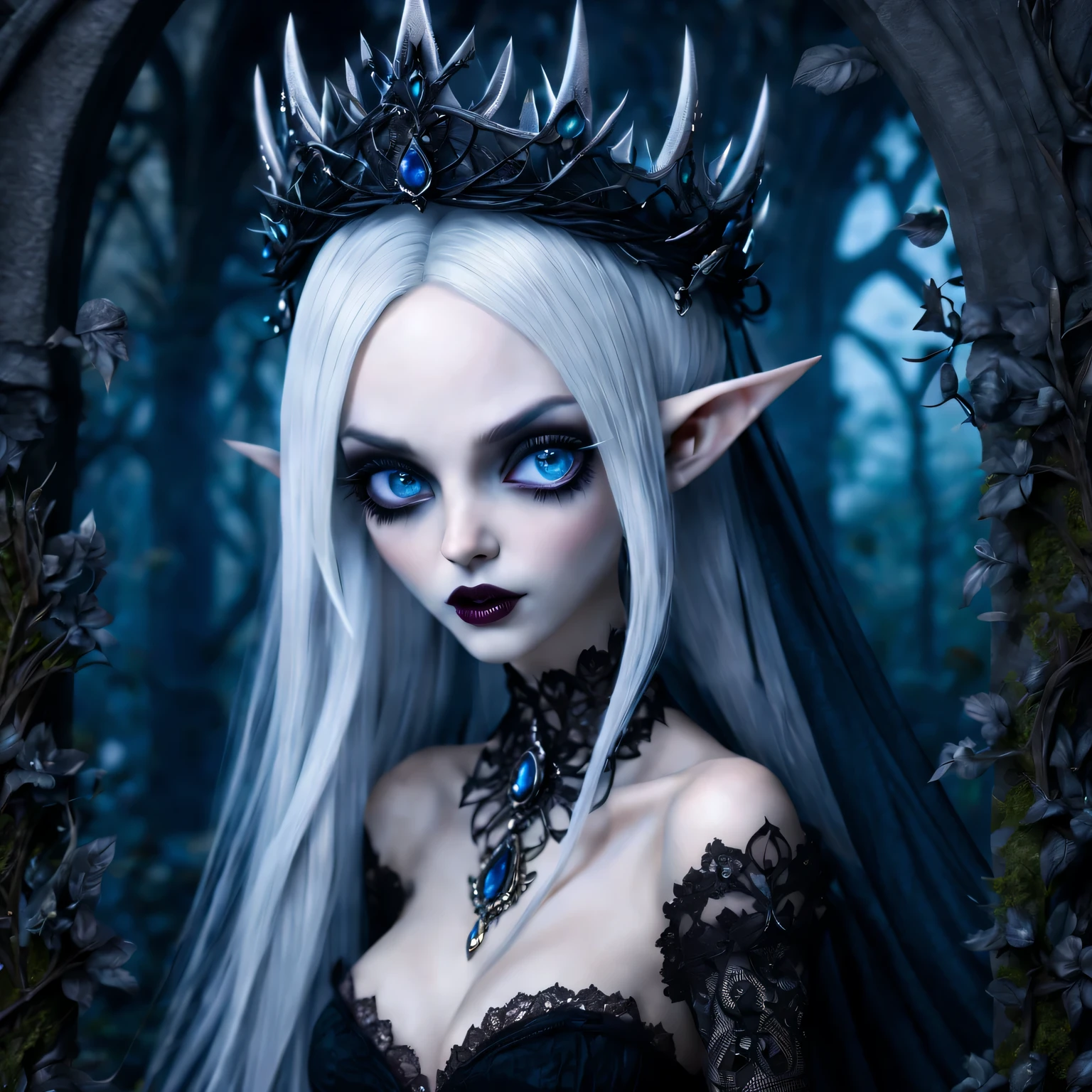 (best quality,4K,8k,high resolution,masterpiece:1.2),Super detailed,(actual,photoactual,photo-actual:1.37),Gothic,portrait,night elf queen,sharp focus,blue eyes,Flowing white hair,Salient features,Detailed lips,pale skin,mysterious smile,thorn crown,exquisite jewelry,long and pointed ears,charming gaze,black lace dress,veil,Moonlight Garden,Forest background under moonlight,Moonlight casts shadows,dark aura,Stylish design,ethereal beauty,nipple process,The presence of majesty,charming gaze,subtle glow,ethereal light