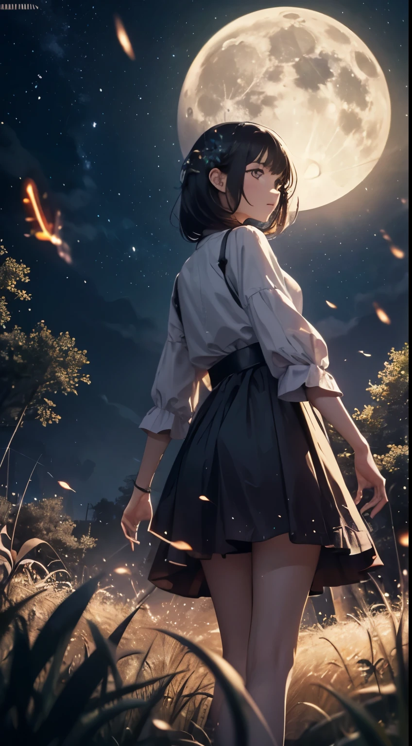 Vast landscape photo, (viewed from below, the sky above and the open field below), a girl standing on a flower field looking up, (full moon: 1.2), (meteor: 0.9), (nebula: 1.3), distant mountains , Trees BREAK Crafting Art, (Warm Light: 1.2), (Fireflies: 1.2), Lights, Lots of Purple and Orange, Intricate Details, Volumetric Lighting, Realism BREAK (Masterpiece: 1.2), (Best Quality), 4k, Ultra-Detailed, (Dynamic Composition: 1.4), Very Detailed, Colorful Details, (Rainbow Colors: 1.2), (Glow Lighting, Atmospheric Lighting), Dreamy, Magical, (Solo: 1.2)